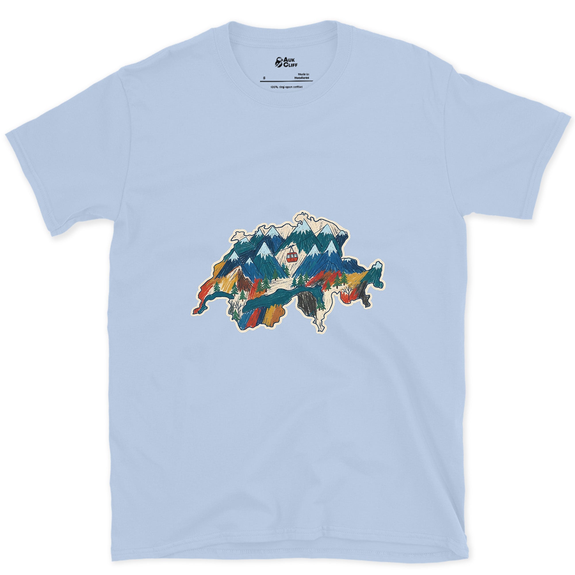 Peaks Stacked Into the Shape of Switzerland design on a Light Blue Gildan Softstyle t-shirt