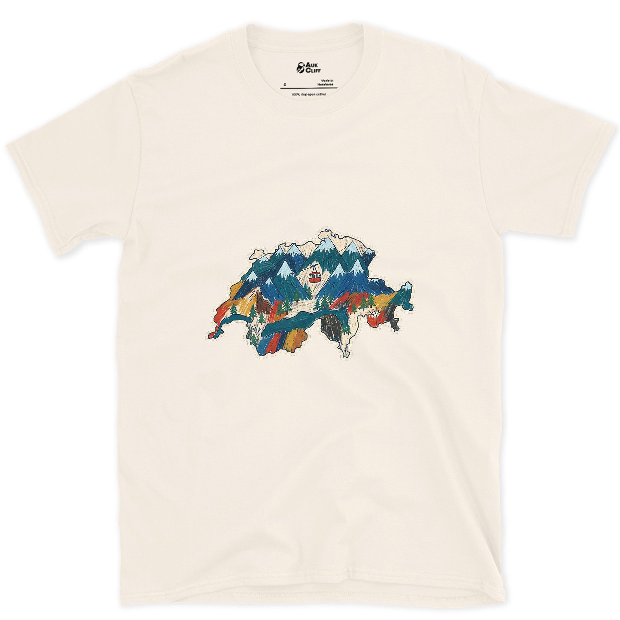 Peaks Stacked Into the Shape of Switzerland design on a Natural Gildan Softstyle t-shirt