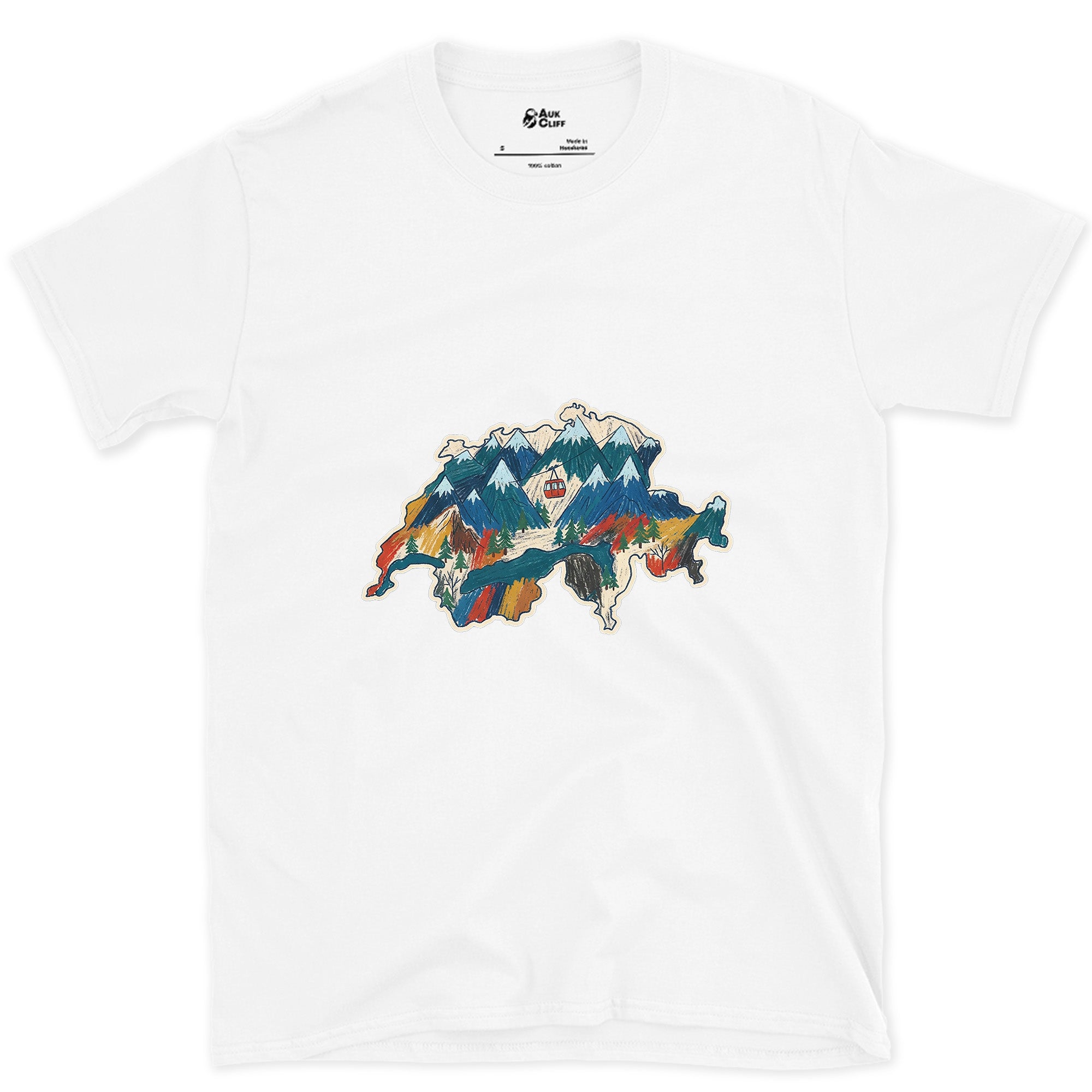 Peaks Stacked Into the Shape of Switzerland design on a White Gildan Softstyle t-shirt