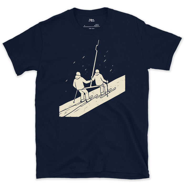 Slower Than the Chairlift But Shared All the Way Up design on a Navy Gildan Softstyle t-shirt