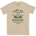 Boots by the Door, Mountain design on a Sand Gildan Softstyle t-shirt