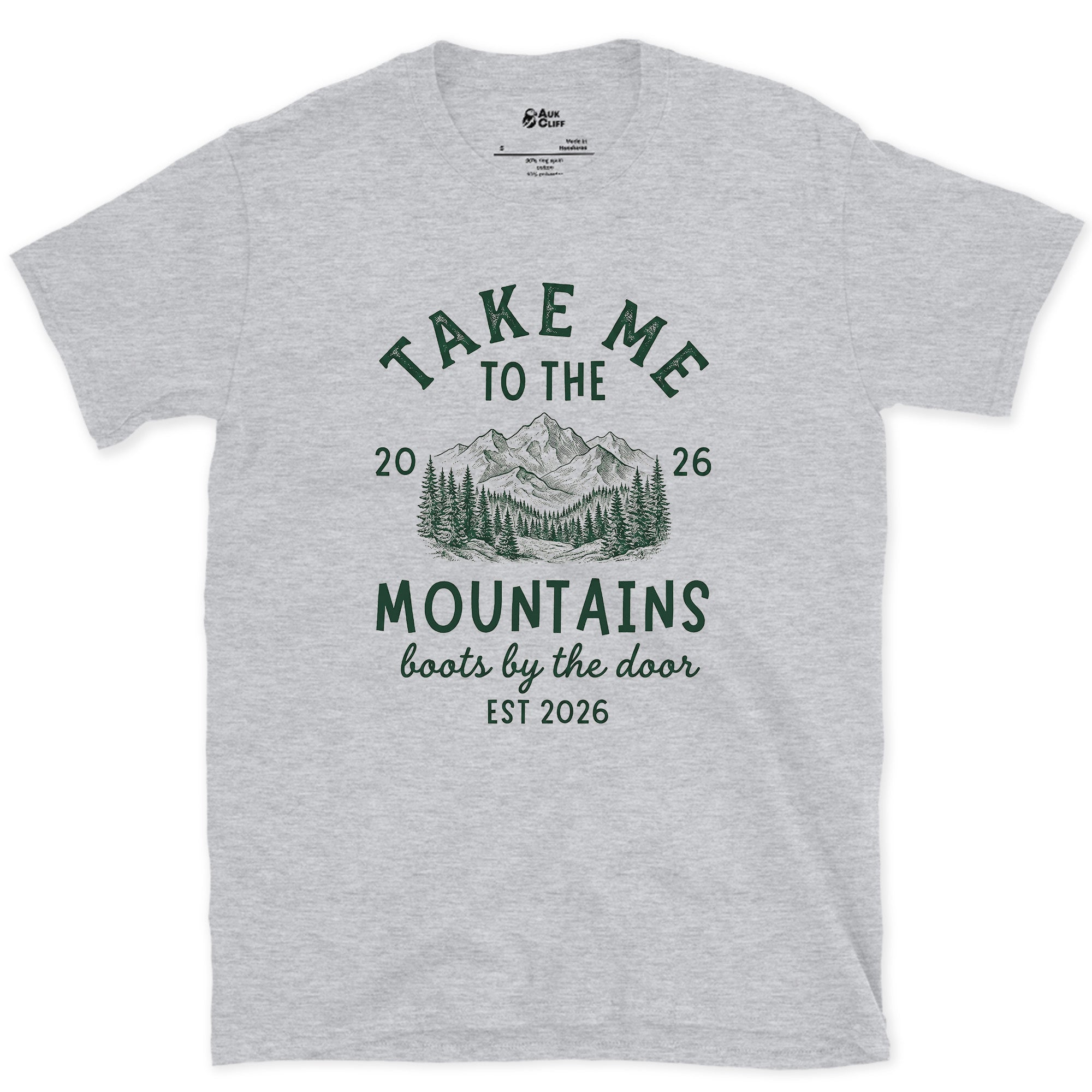 Boots by the Door, Mountain design on a Sport Grey Gildan Softstyle t-shirt