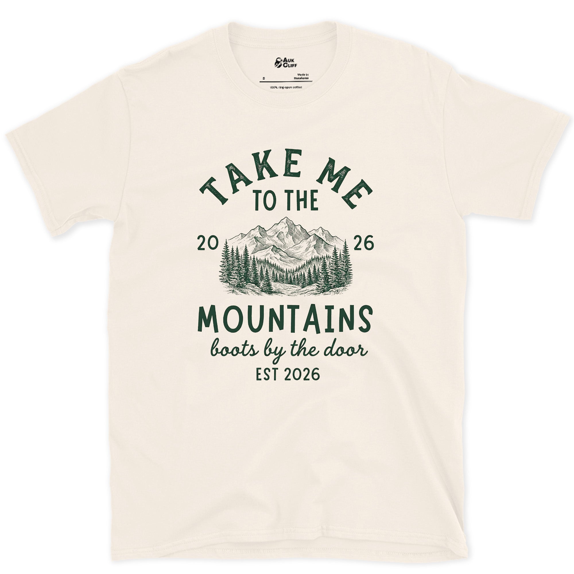 Boots by the Door, Mountain design on a Natural Gildan Softstyle t-shirt