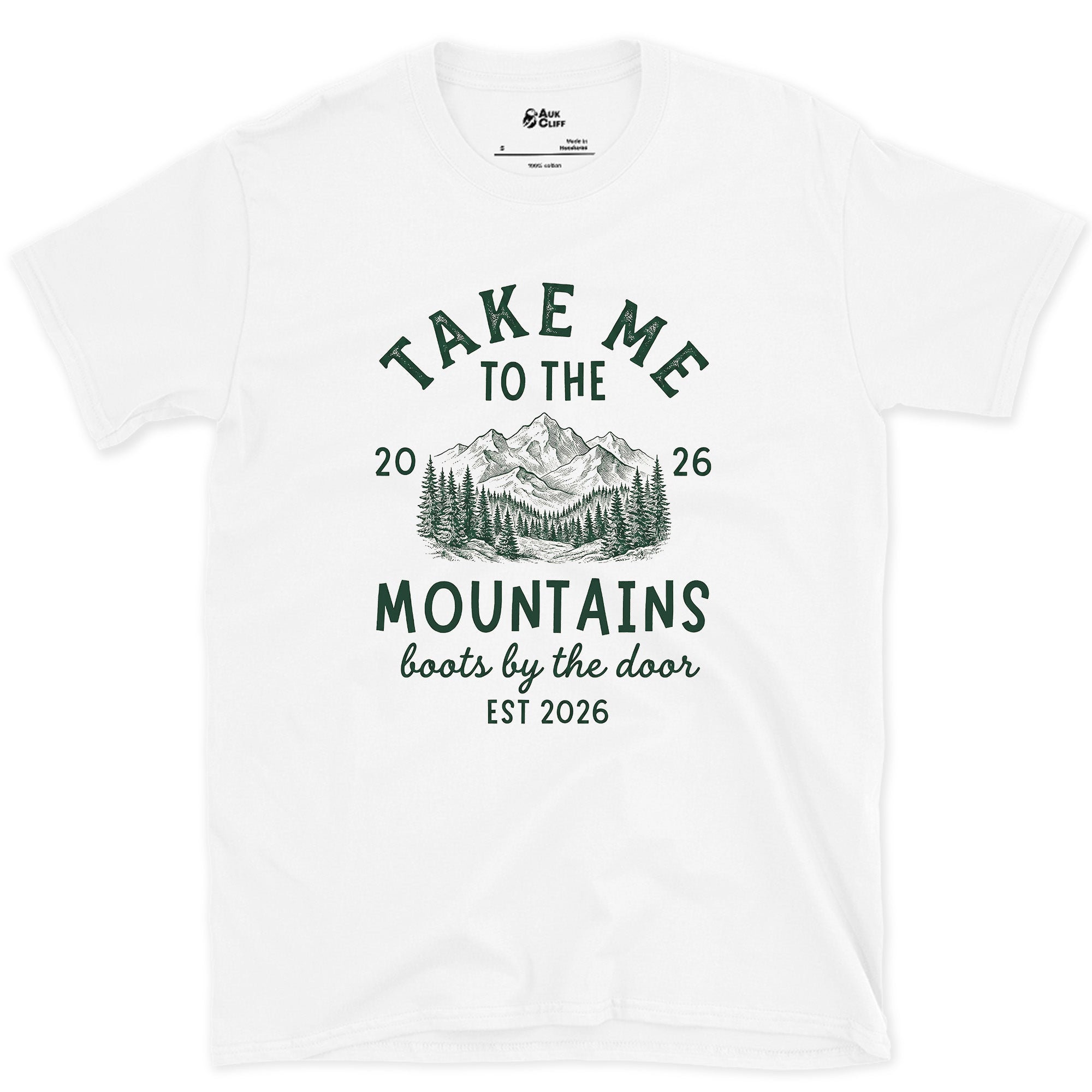 Boots by the Door, Mountain design on a White Gildan Softstyle t-shirt