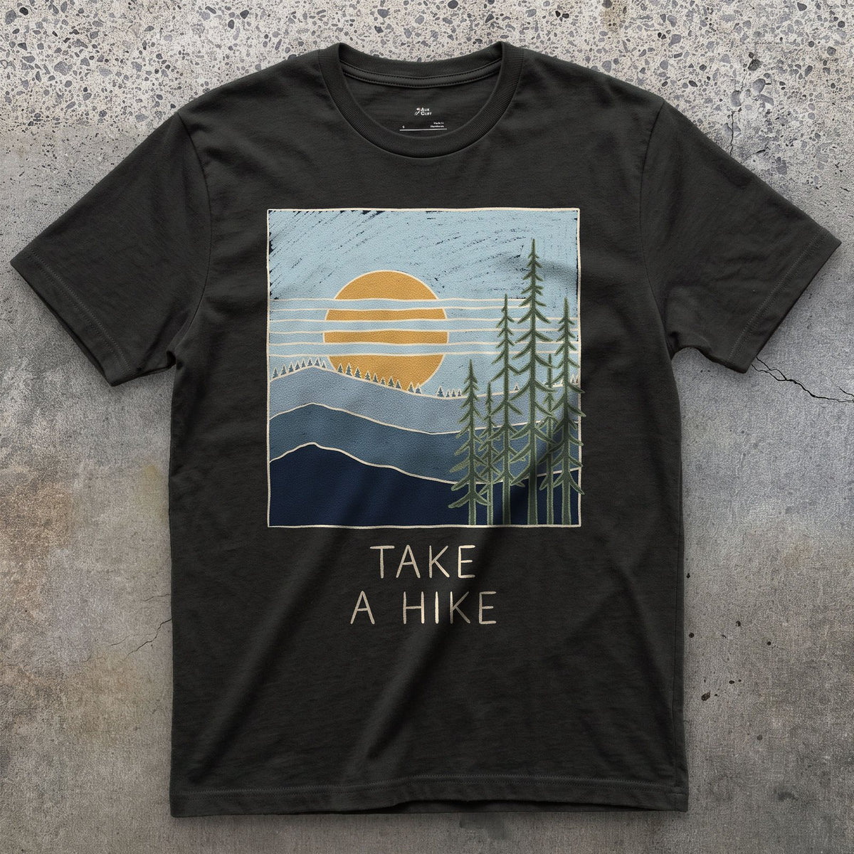 Take a Hike, Sun Over the Ridge design on a Black Gildan Softstyle t-shirt