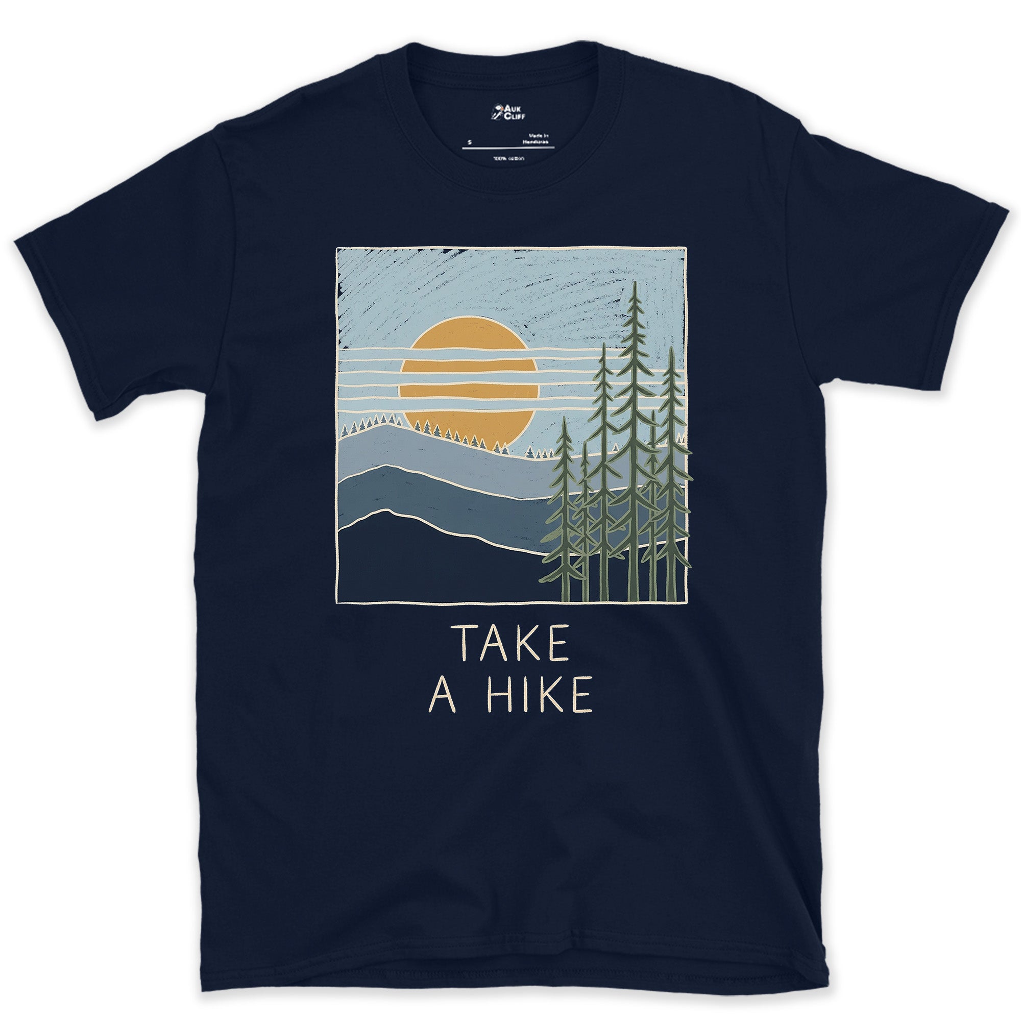 Take a Hike, Sun Over the Ridge design on a Navy Gildan Softstyle t-shirt