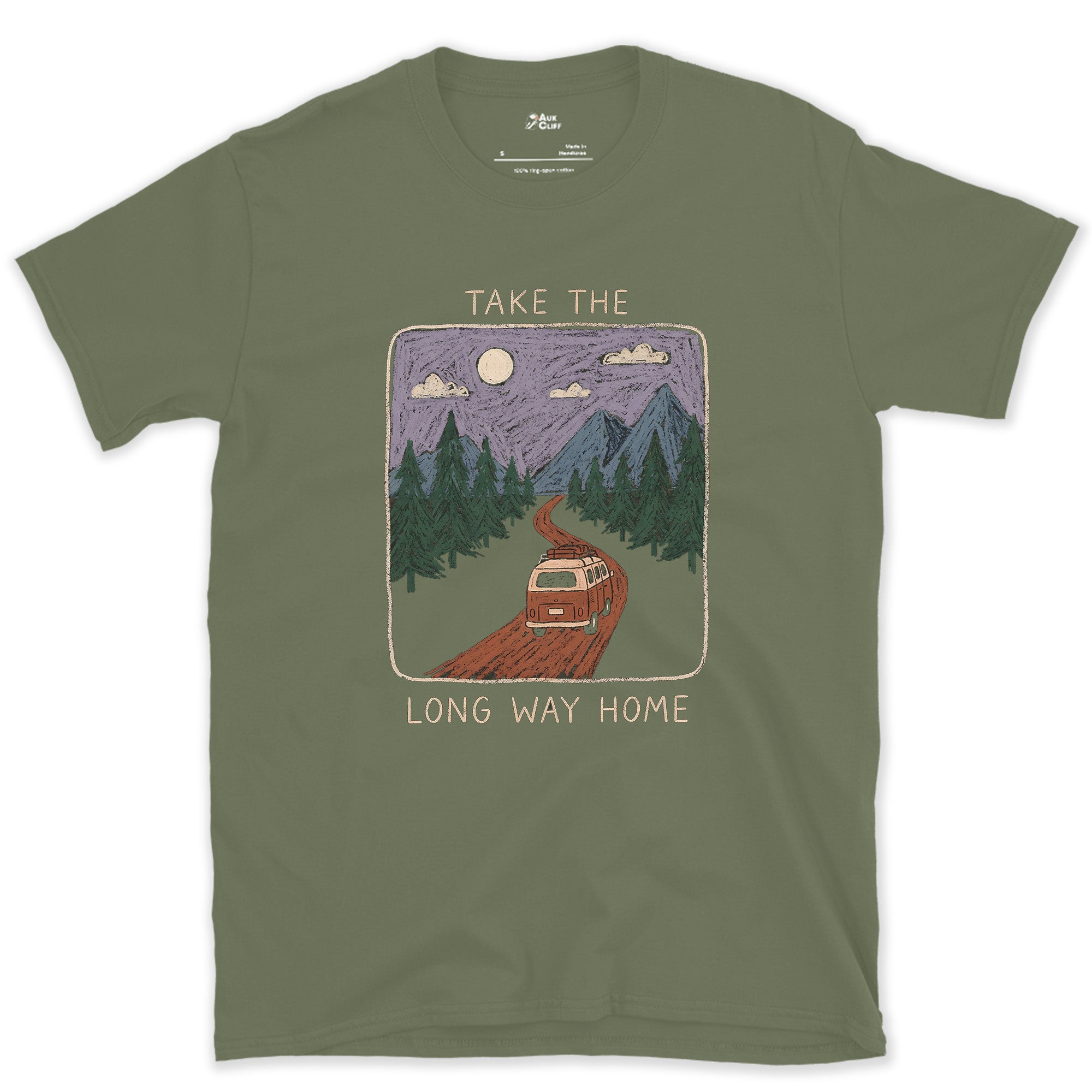 Van Headlights Are the Only Bright Thing Out Here design on a Military Green Gildan Softstyle t-shirt