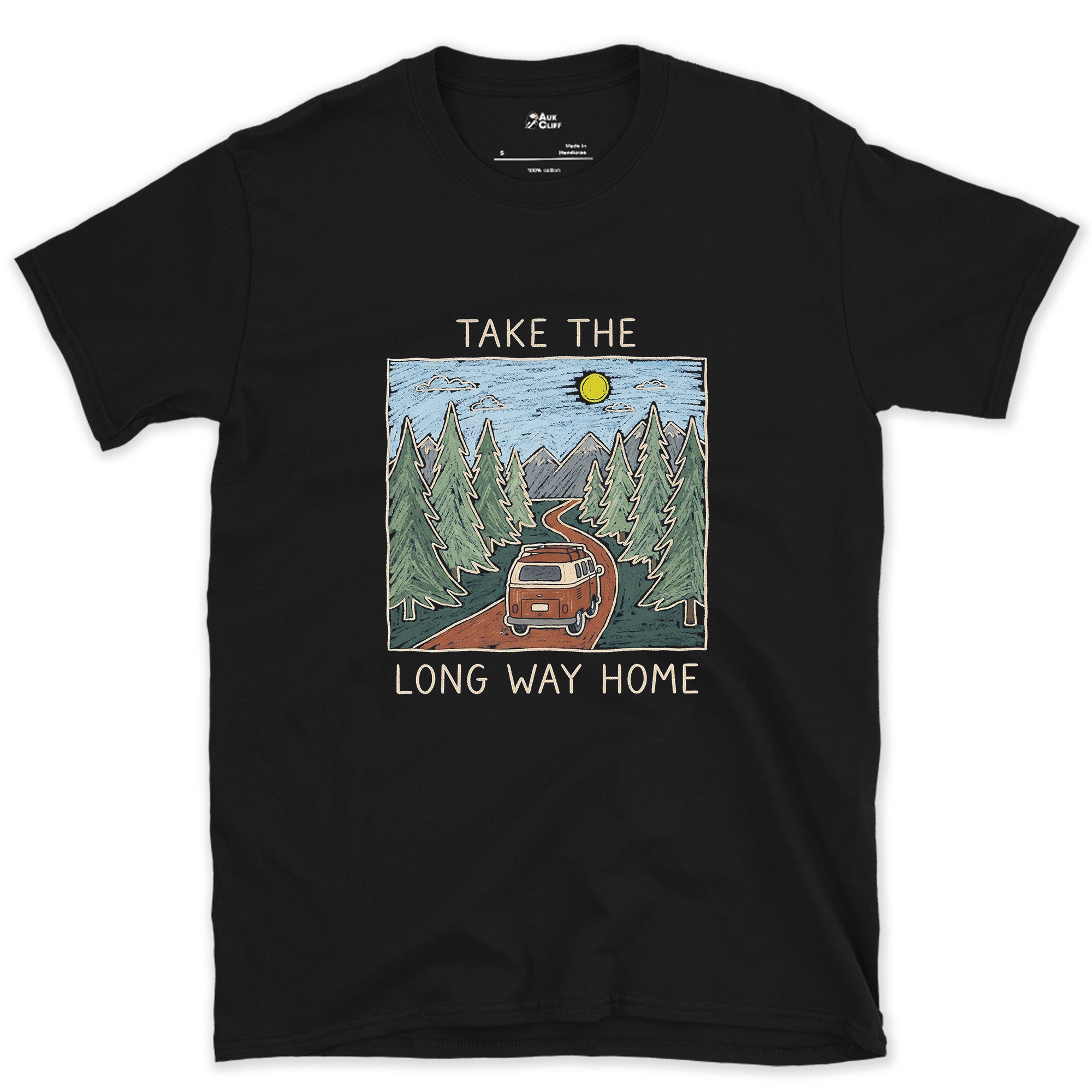 Same Road, Daylight and a Dense Green Forest design on a Black Gildan Softstyle t-shirt