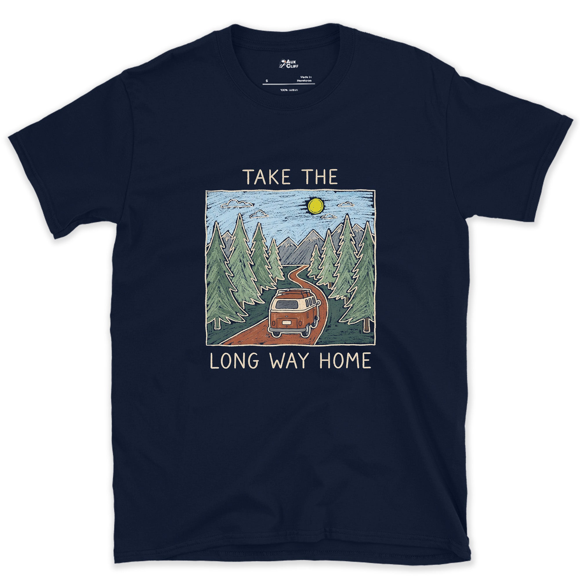 Same Road, Daylight and a Dense Green Forest design on a Navy Gildan Softstyle t-shirt