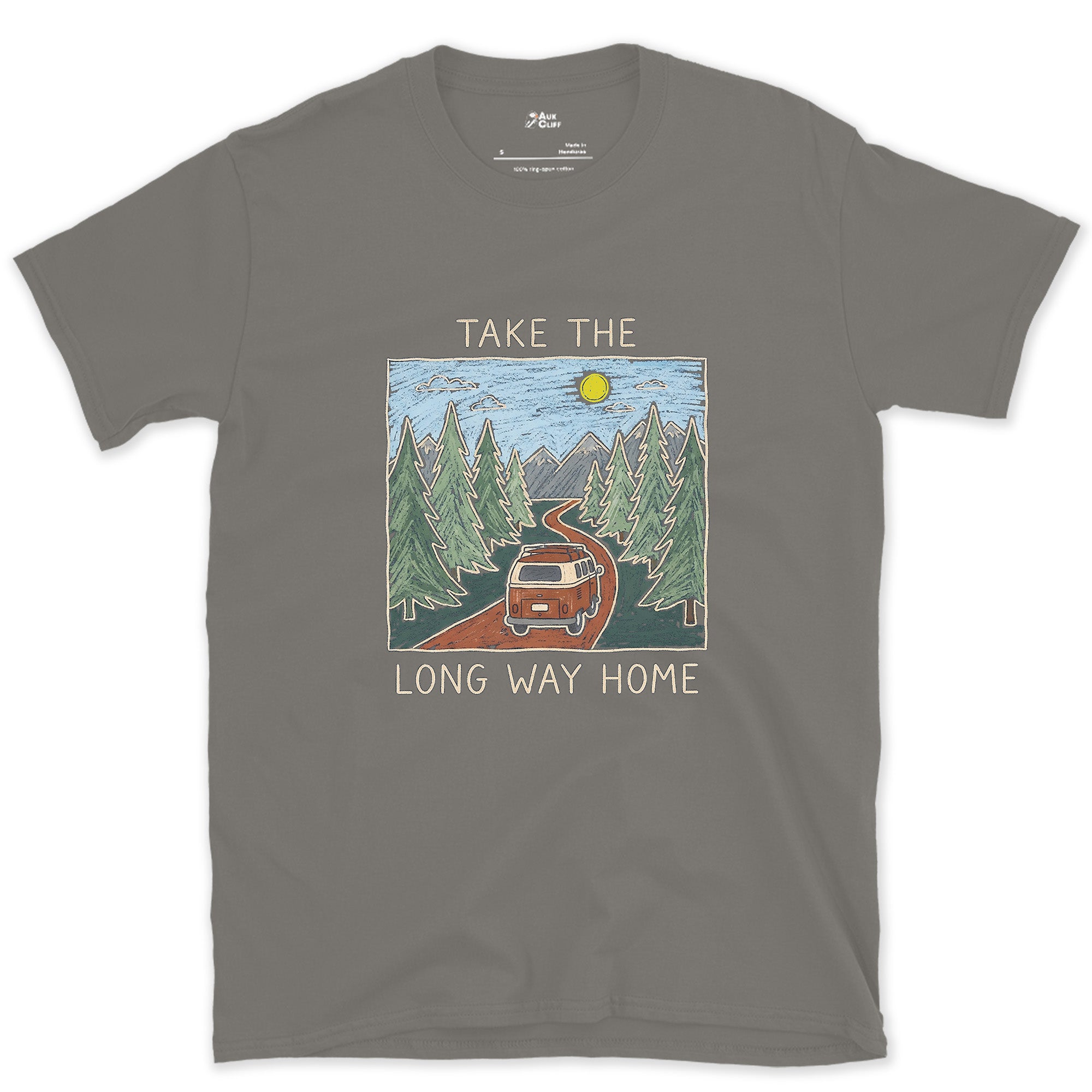 Same Road, Daylight and a Dense Green Forest design on a Charcoal Gildan Softstyle t-shirt