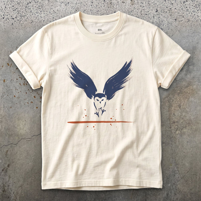 Talons First, Owl Behind design on a Natural Gildan Softstyle t-shirt