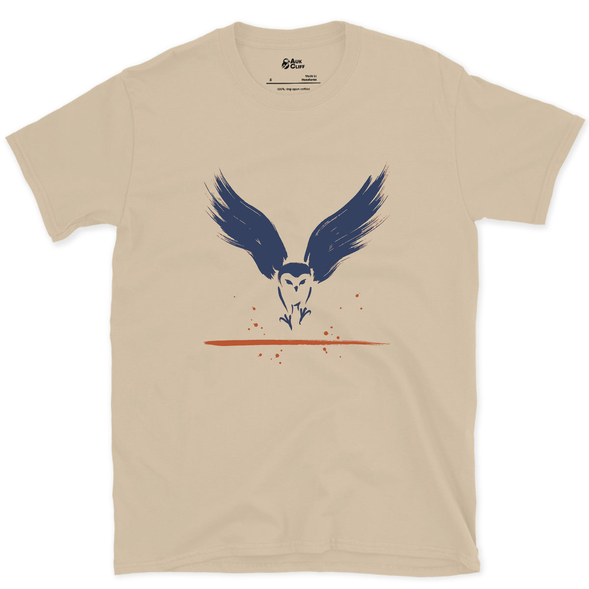 Talons First, Owl Behind design on a Sand Gildan Softstyle t-shirt