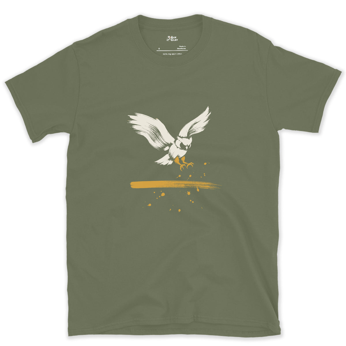 Talons First, Owl Behind design on a Military Green Gildan Softstyle t-shirt