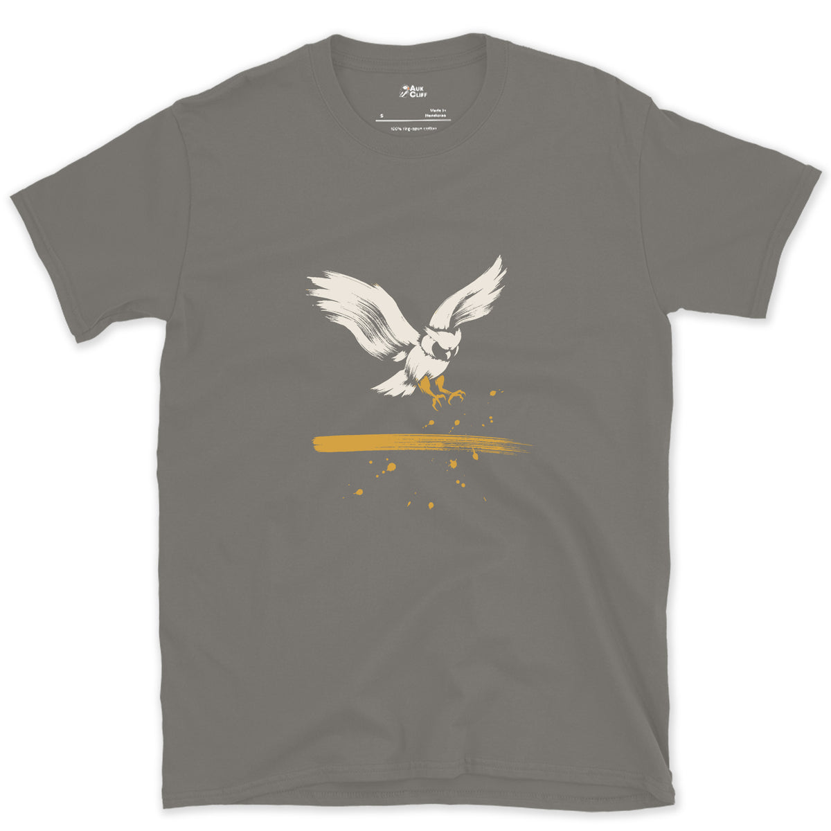Talons First, Owl Behind design on a Charcoal Gildan Softstyle t-shirt