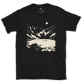 Rocky Shore Cabin Beneath a Climbing Moon design on a Black Gildan Softstyle t-shirt