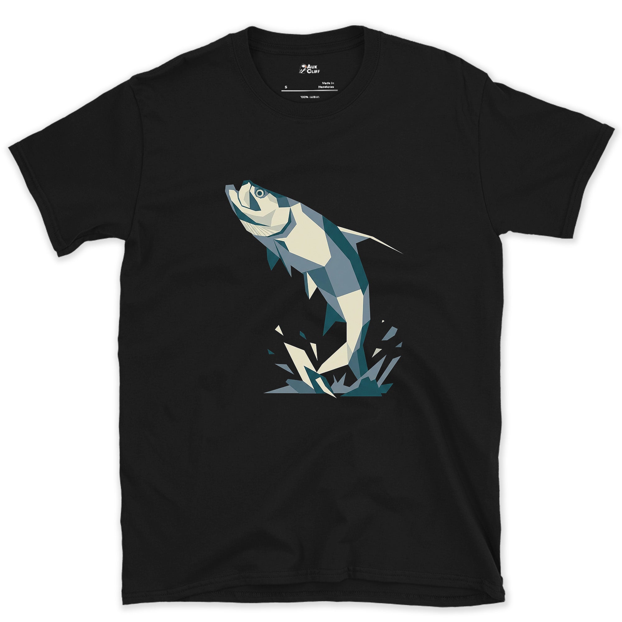 The Leaping Tarpon Shattered Like Glass design on a Black Gildan Softstyle t-shirt
