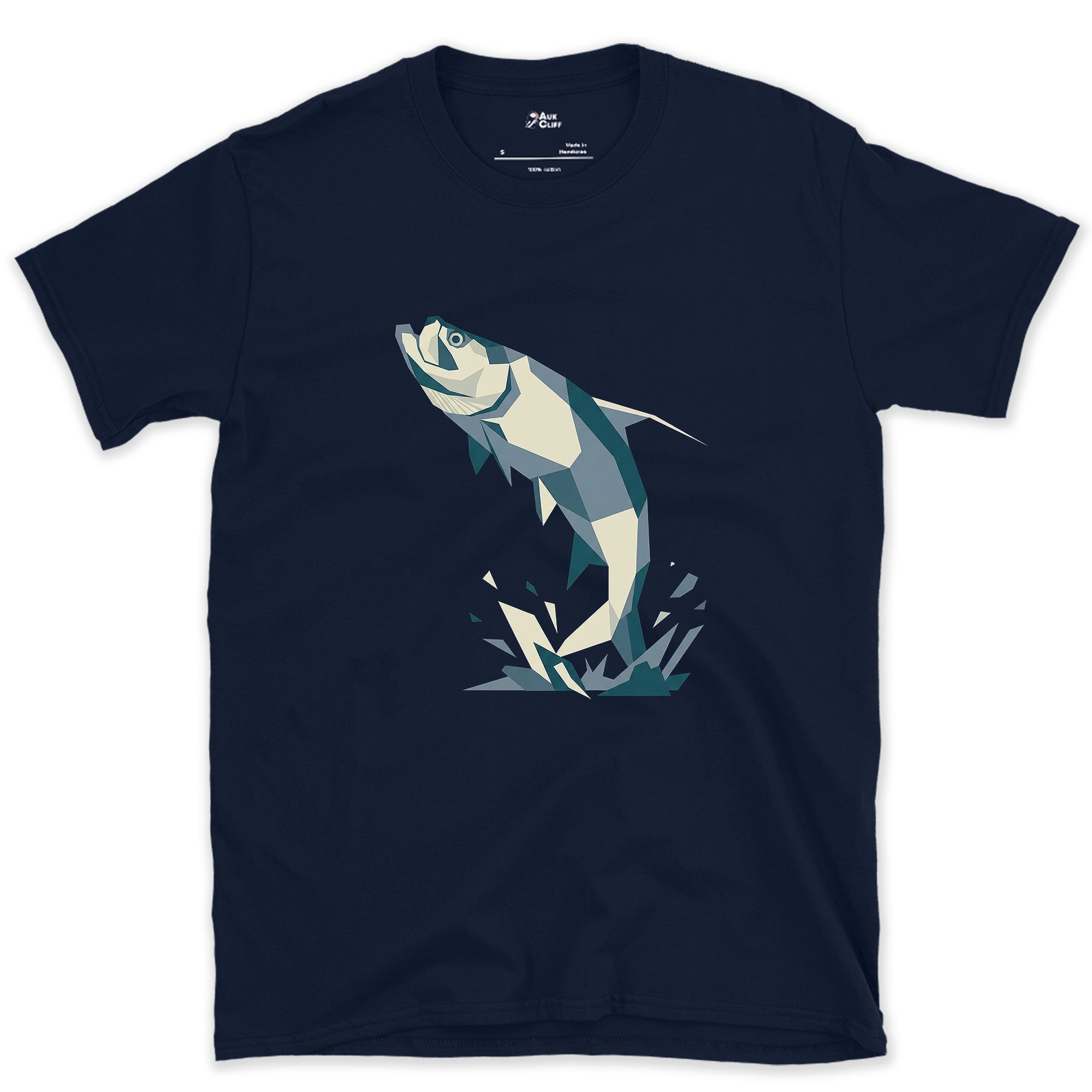 The Leaping Tarpon Shattered Like Glass design on a Navy Gildan Softstyle t-shirt