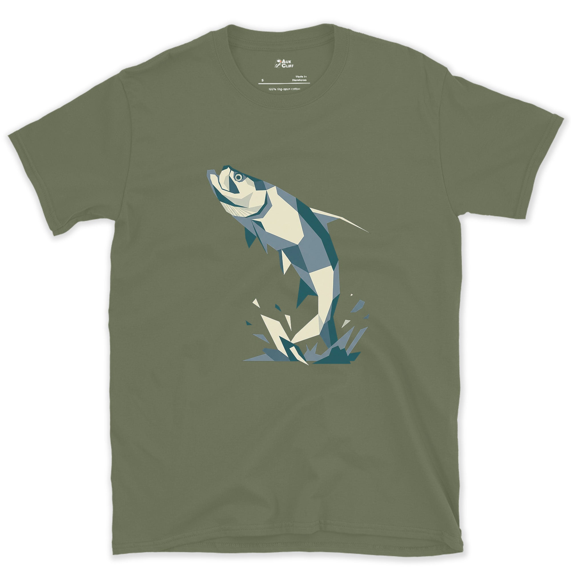 The Leaping Tarpon Shattered Like Glass design on a Military Green Gildan Softstyle t-shirt