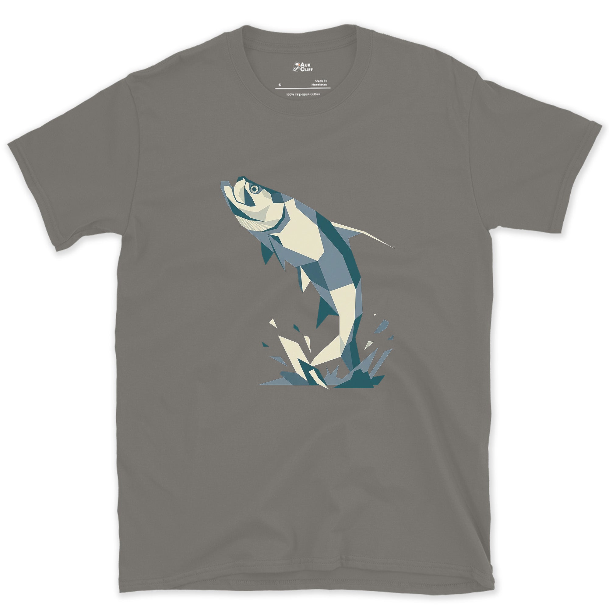 The Leaping Tarpon Shattered Like Glass design on a Charcoal Gildan Softstyle t-shirt