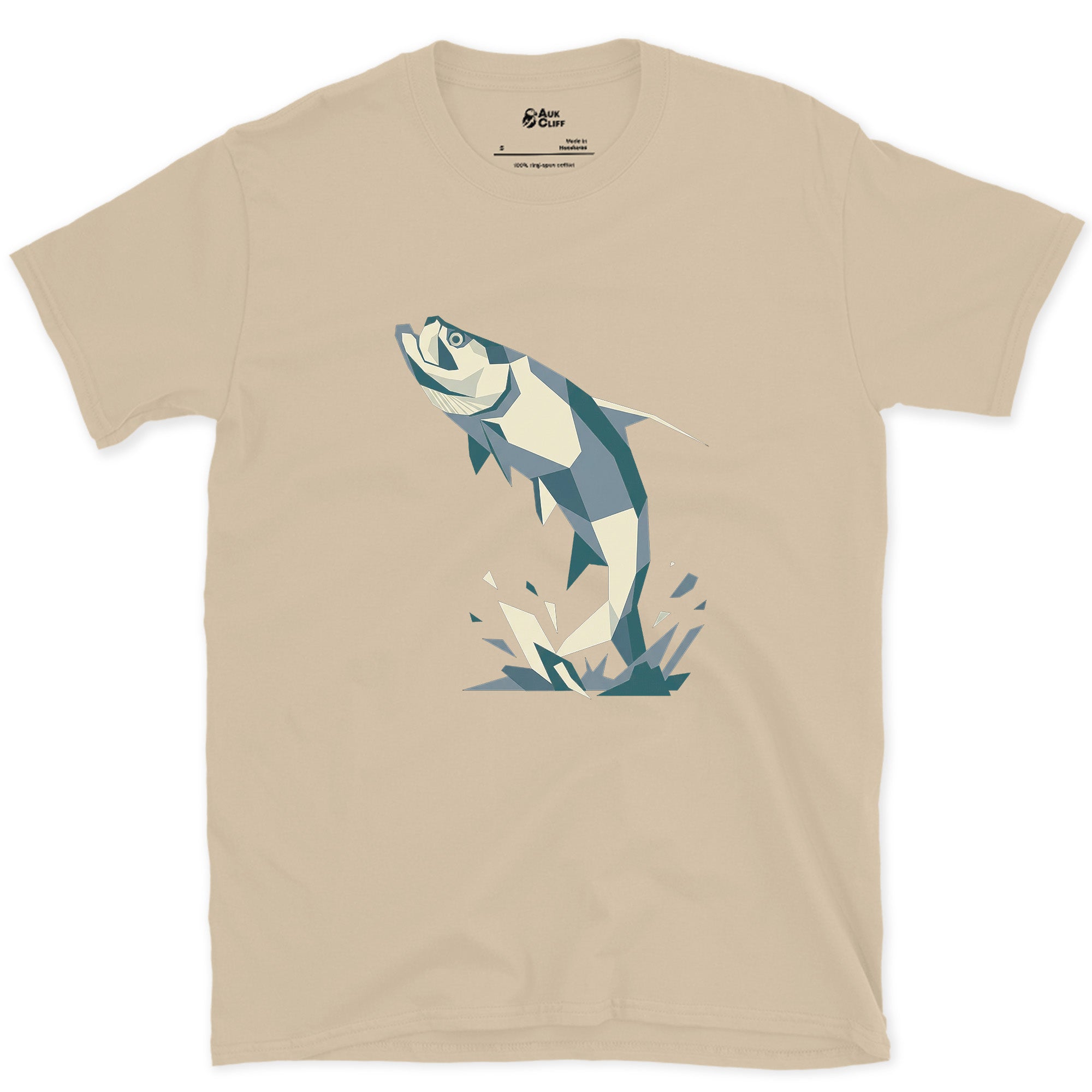The Leaping Tarpon Shattered Like Glass design on a Sand Gildan Softstyle t-shirt