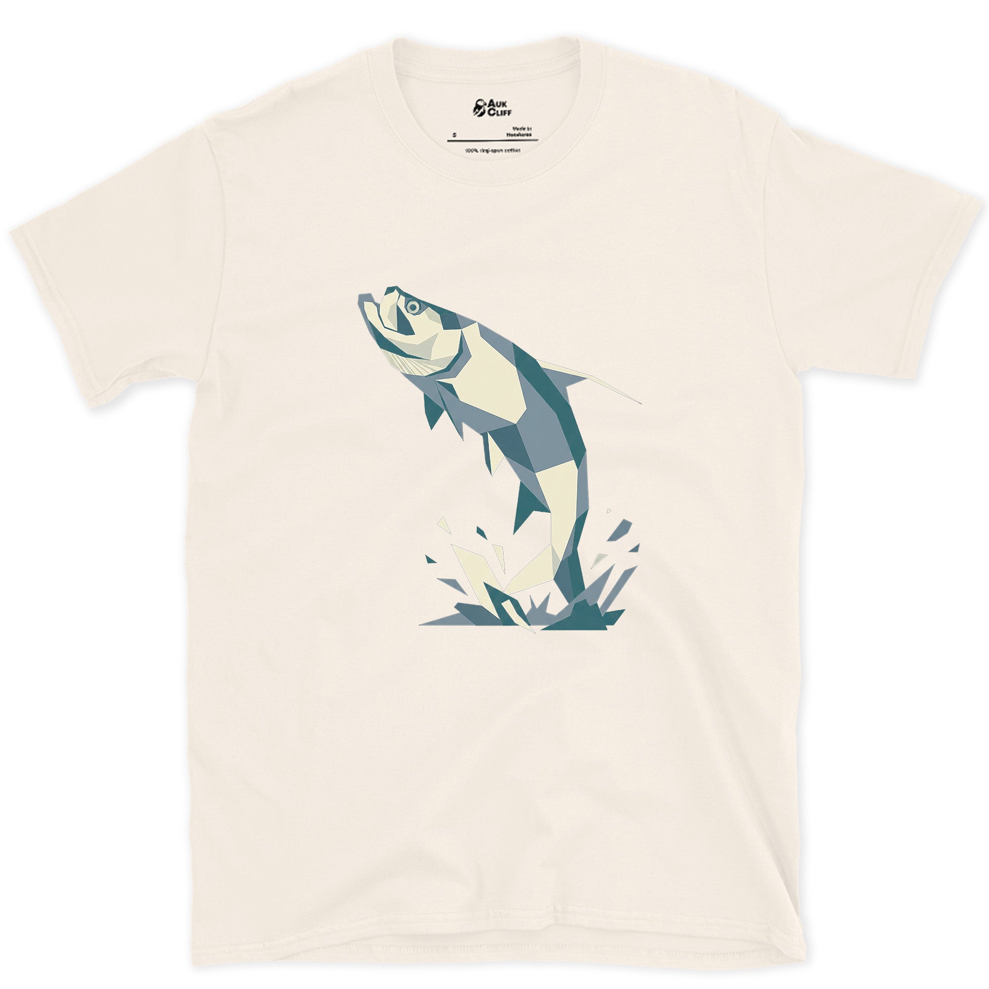 The Leaping Tarpon Shattered Like Glass design on a Natural Gildan Softstyle t-shirt