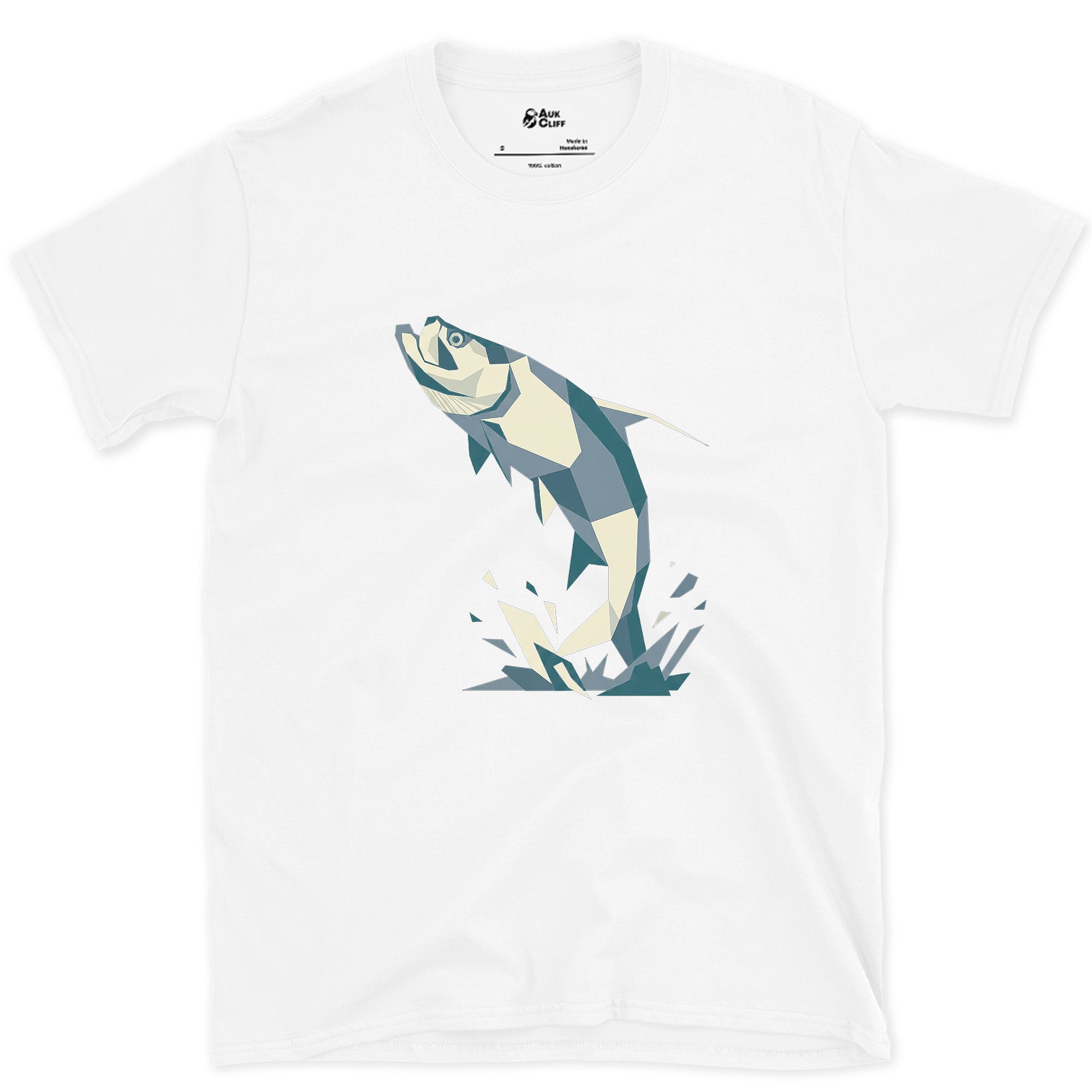 The Leaping Tarpon Shattered Like Glass design on a White Gildan Softstyle t-shirt