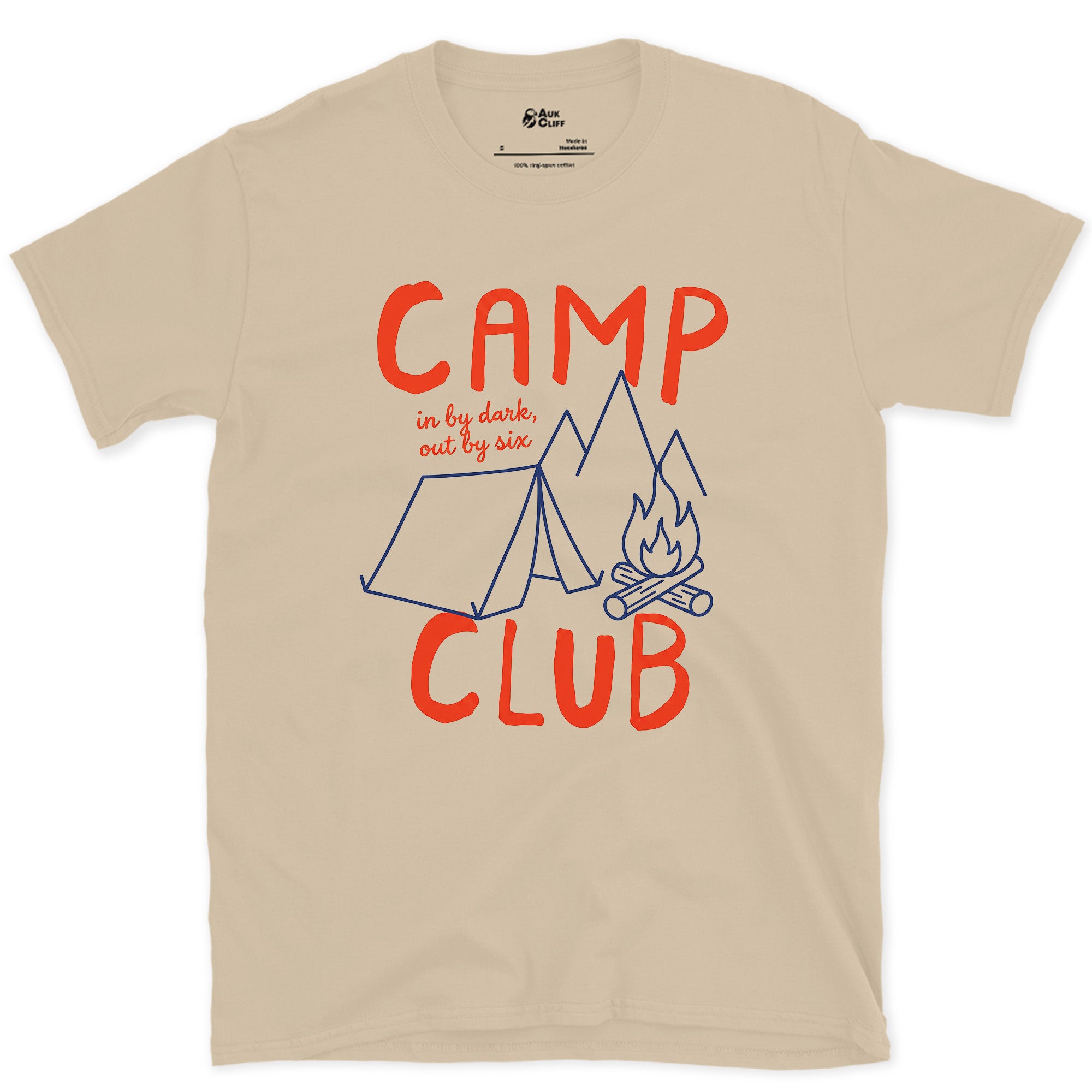 In By Dark, Out By Six, Camp Club design on a Sand Gildan Softstyle t-shirt