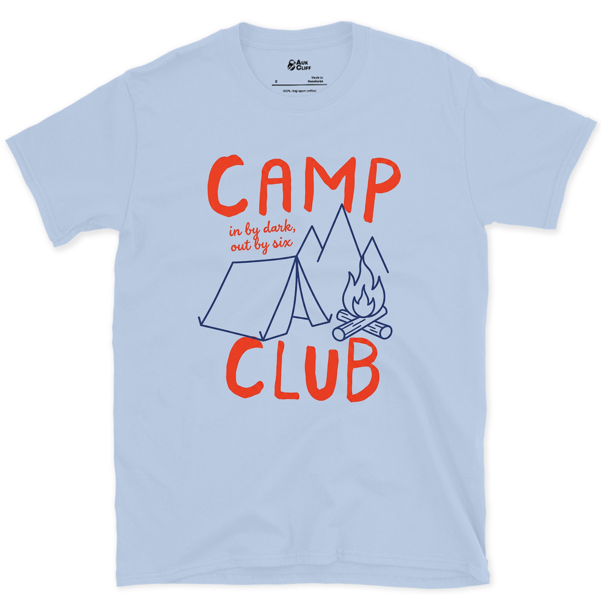 In By Dark, Out By Six, Camp Club design on a Light Blue Gildan Softstyle t-shirt