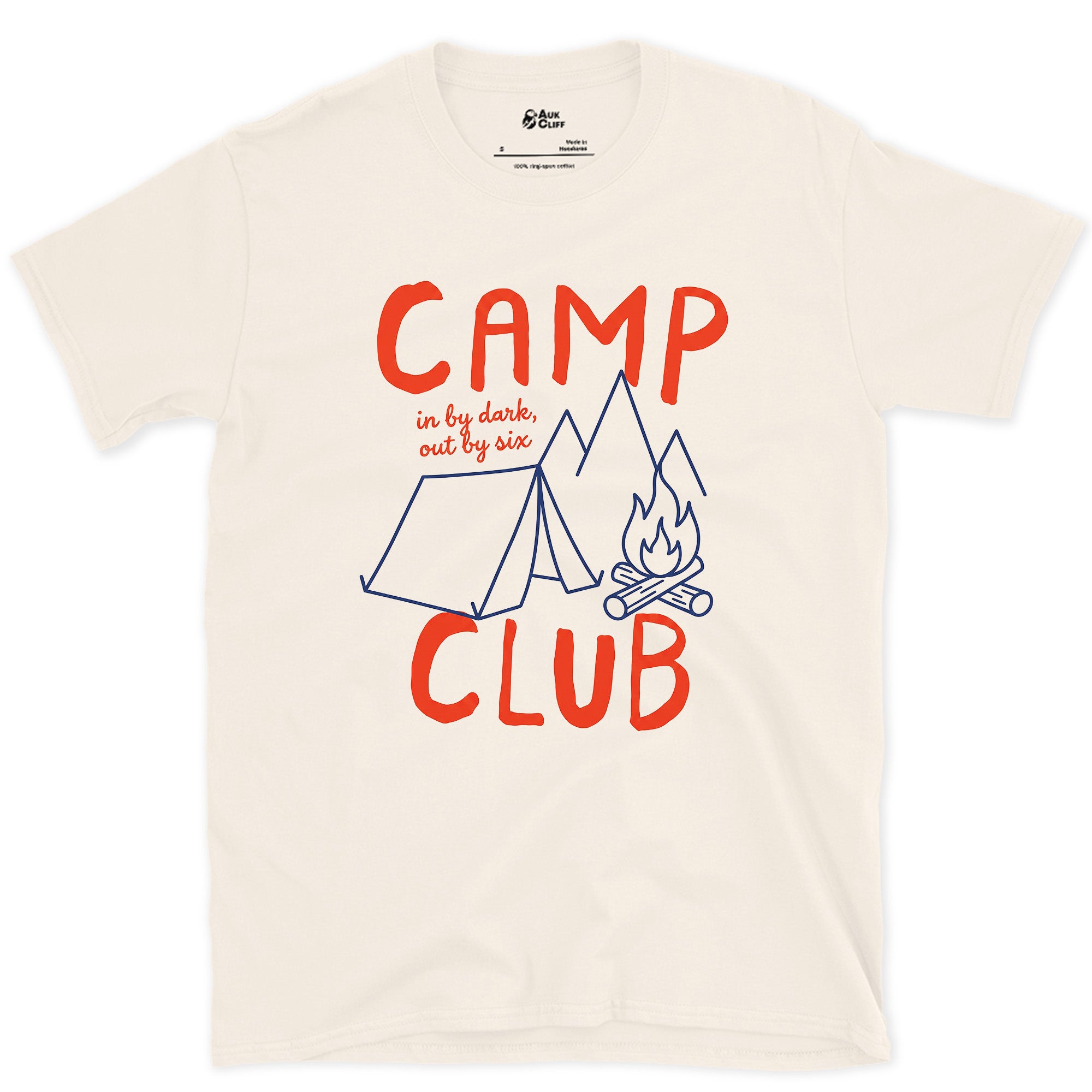 In By Dark, Out By Six, Camp Club design on a Natural Gildan Softstyle t-shirt