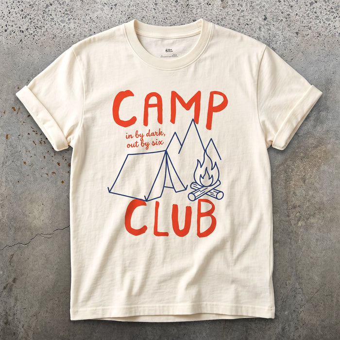 In By Dark, Out By Six, Camp Club design on a Natural Gildan Softstyle t-shirt
