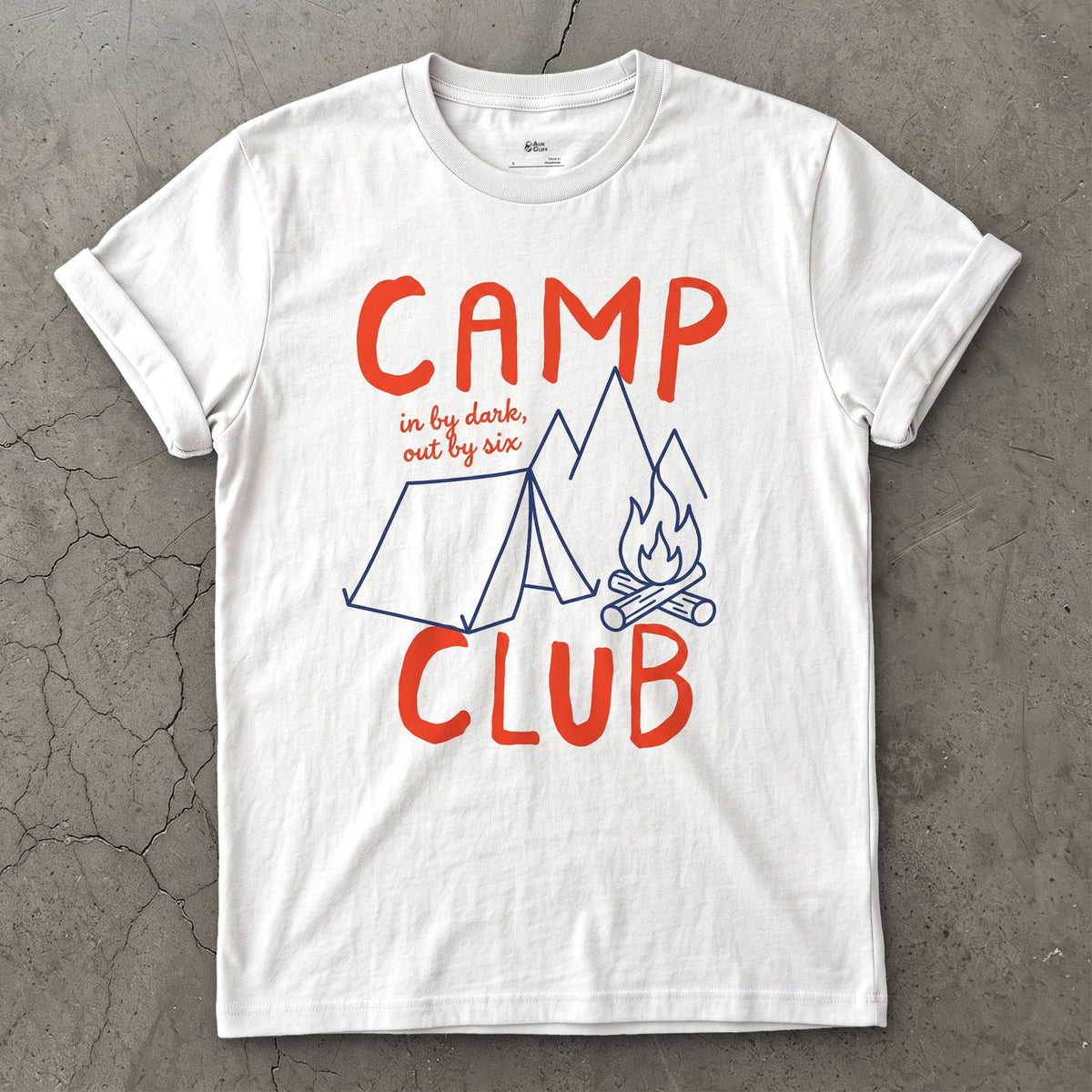 In By Dark, Out By Six, Camp Club design on a White Gildan Softstyle t-shirt