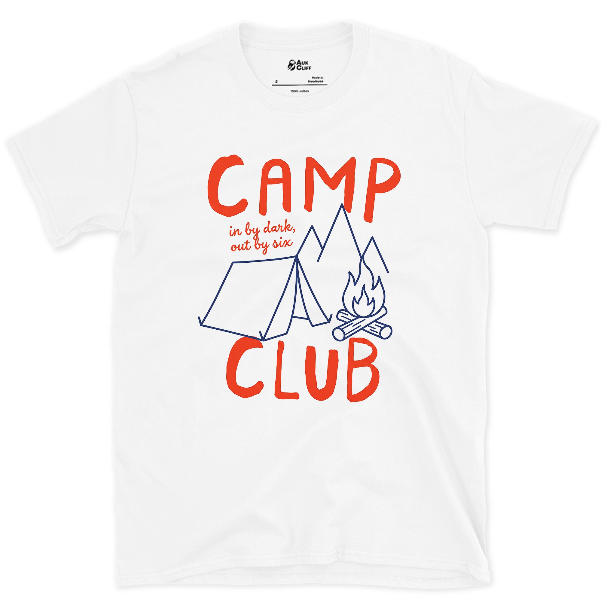 In By Dark, Out By Six, Camp Club design on a White Gildan Softstyle t-shirt
