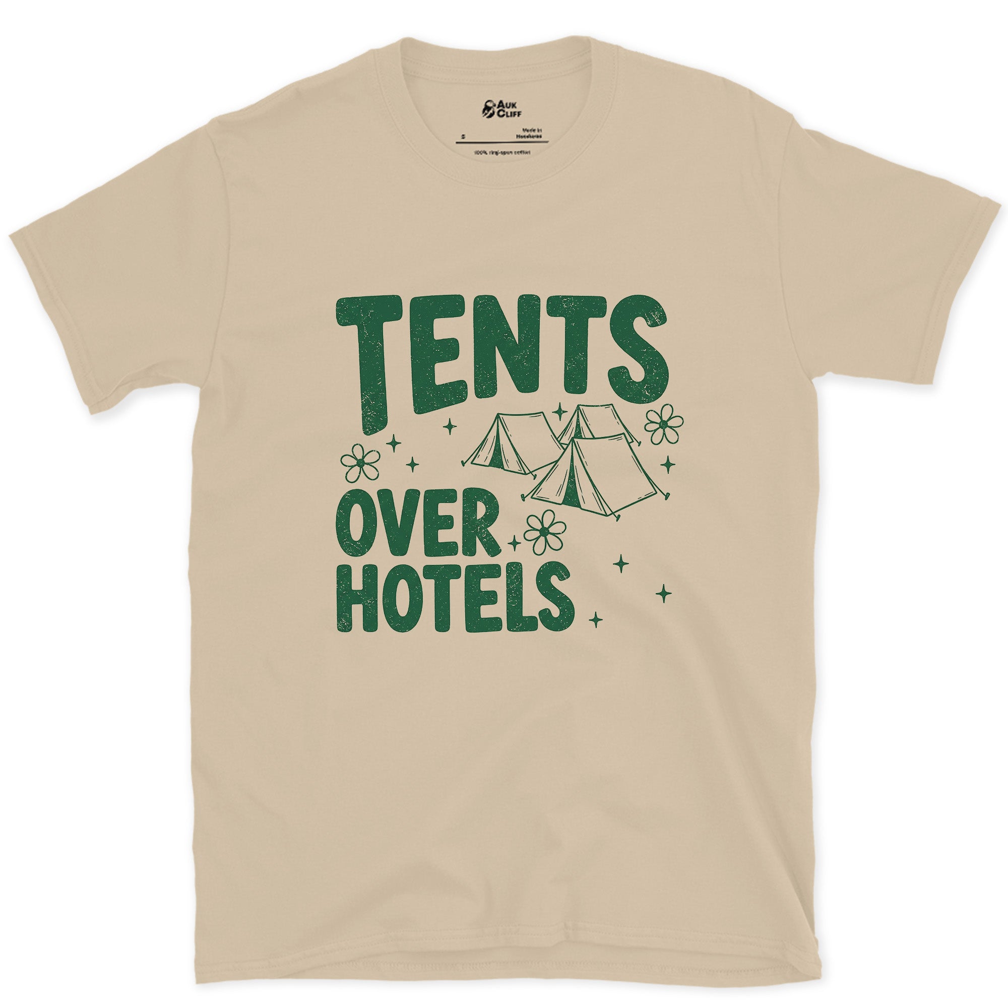 Tents Over Hotels, Tent Row design on a Sand Gildan Softstyle t-shirt