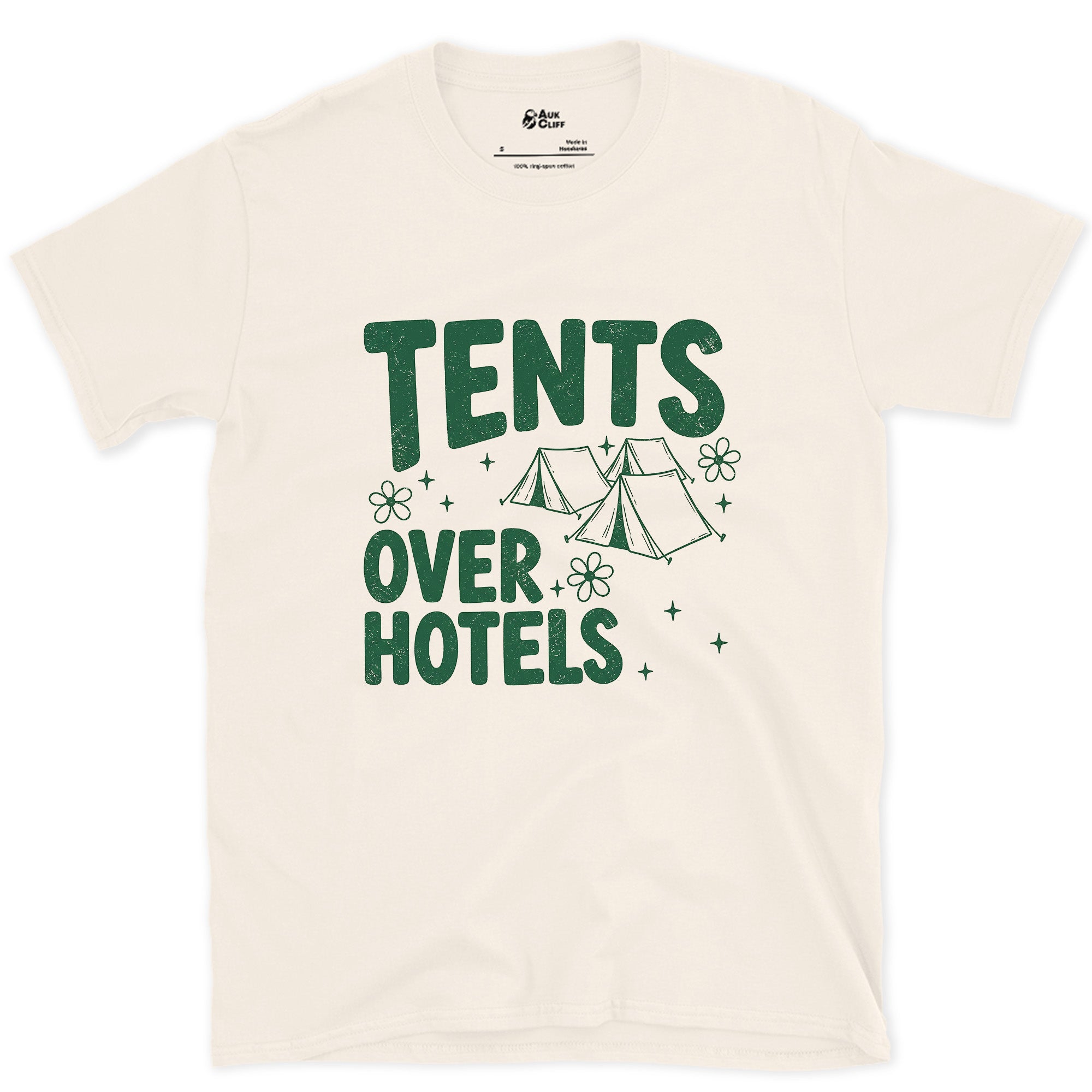 Tents Over Hotels, Tent Row design on a Natural Gildan Softstyle t-shirt