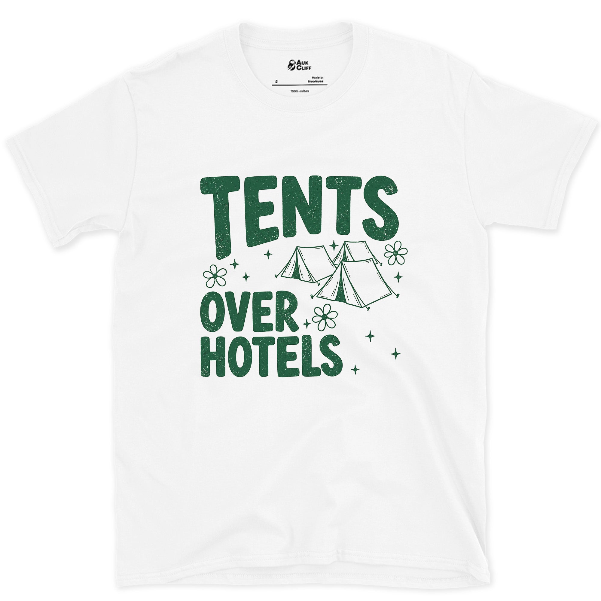 Tents Over Hotels, Tent Row design on a White Gildan Softstyle t-shirt