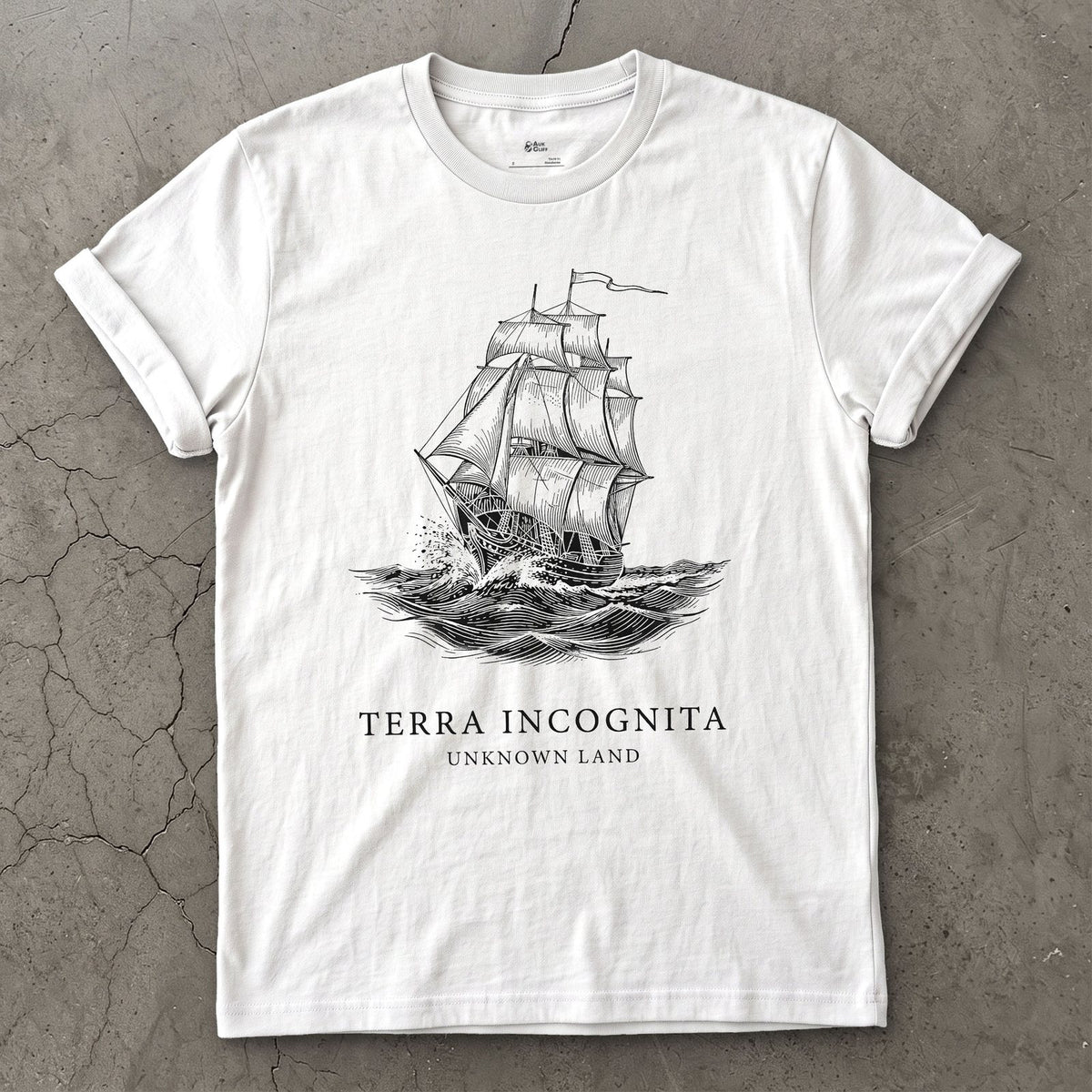 Terra Incognita design on a White Gildan Softstyle t-shirt