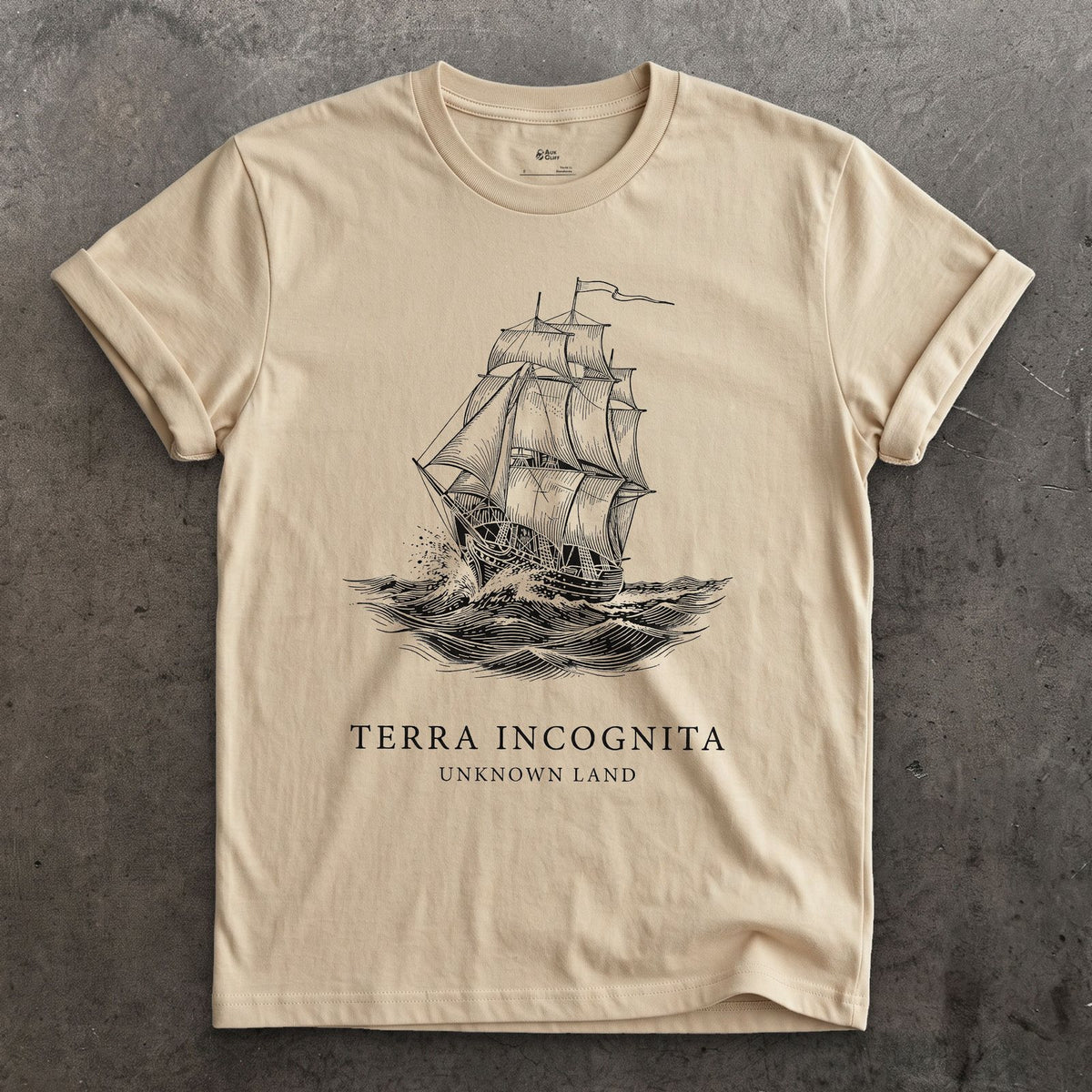 Terra Incognita design on a Sand Gildan Softstyle t-shirt