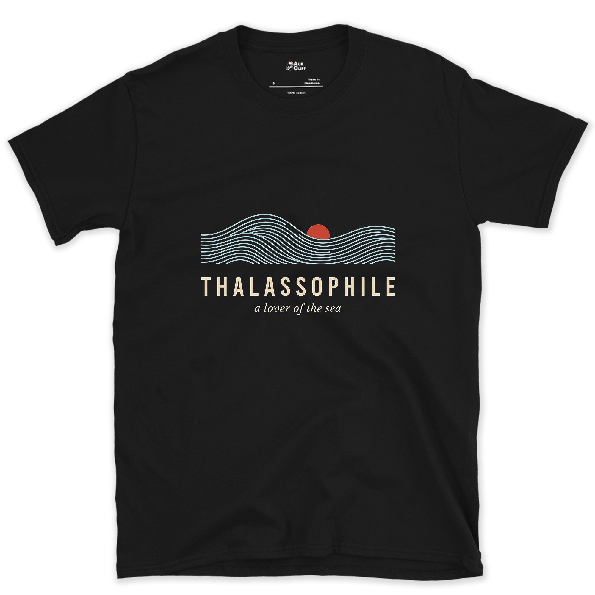 Thalassophile, a Lover of the Sea design on a Black Gildan Softstyle t-shirt