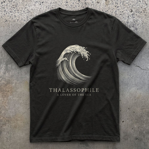 Thalassophile, a Lover of the Sea design on a Black Gildan Softstyle t-shirt