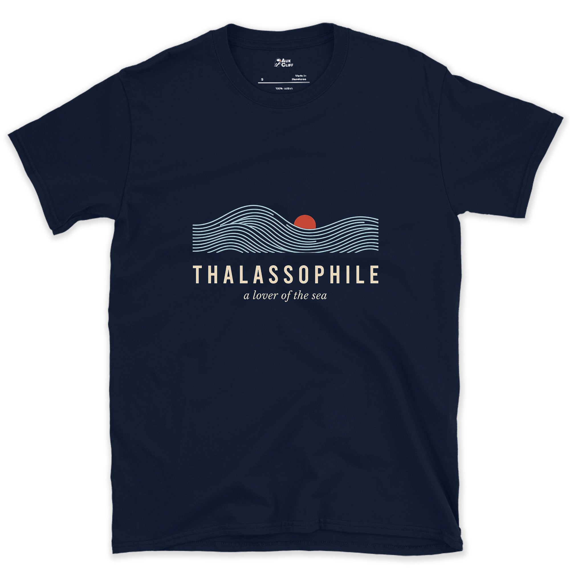 Thalassophile, a Lover of the Sea design on a Navy Gildan Softstyle t-shirt