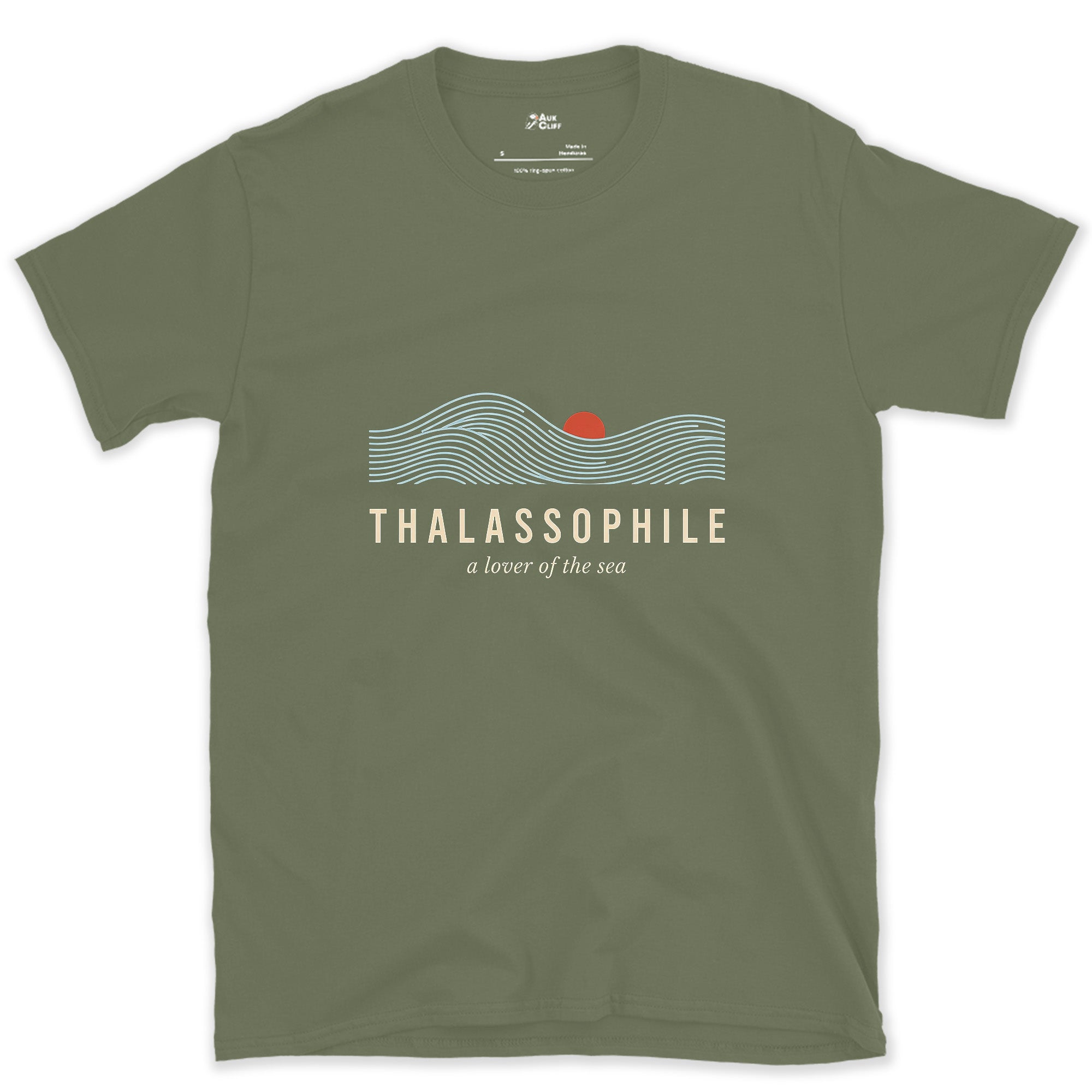 Thalassophile, a Lover of the Sea design on a Military Green Gildan Softstyle t-shirt