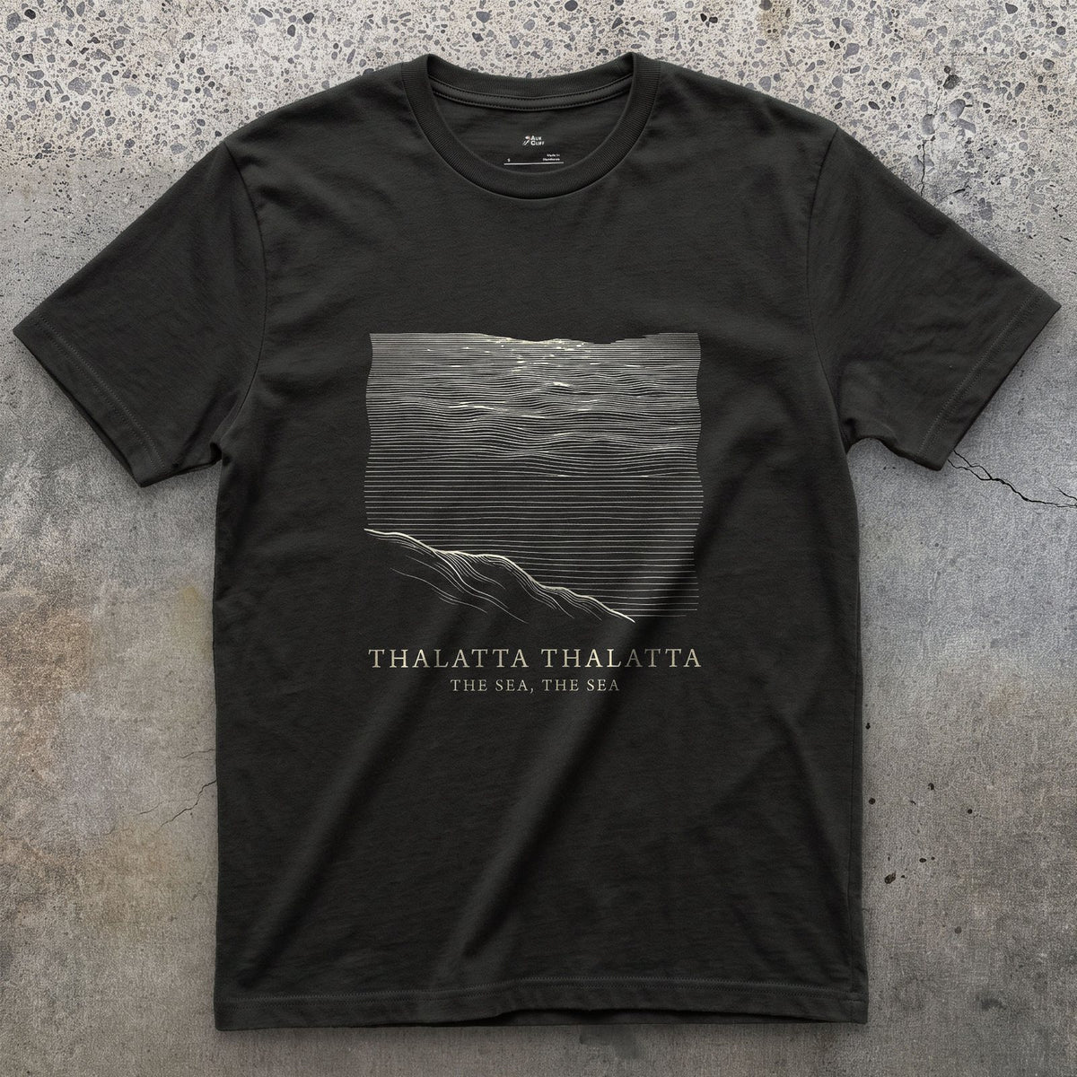 Thalatta Thalatta, the Sea the Sea design on a Black Gildan Softstyle t-shirt