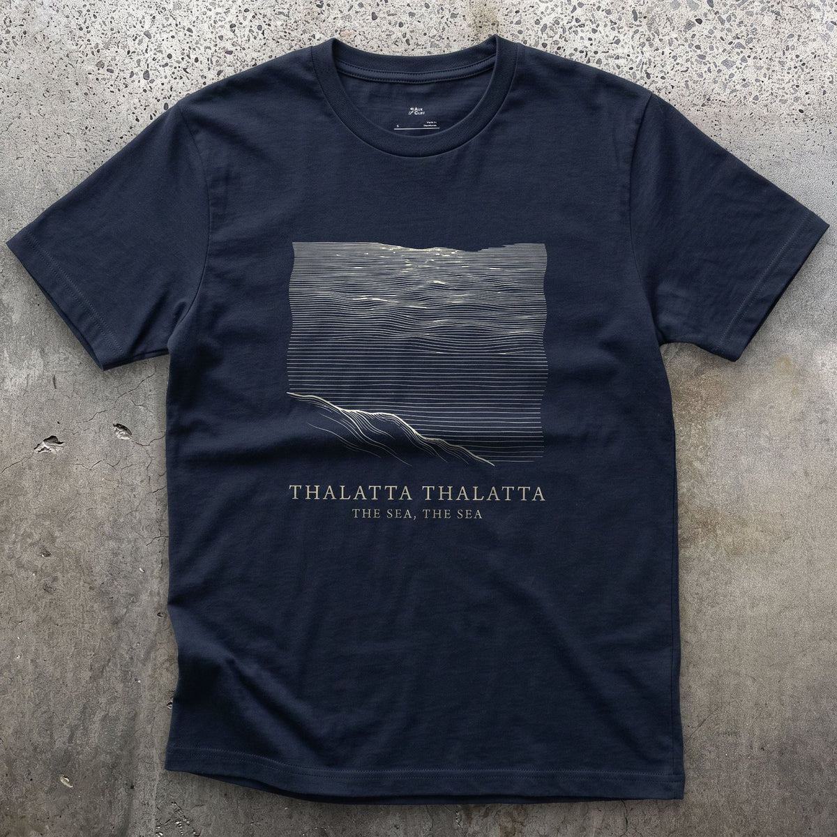 Thalatta Thalatta, the Sea the Sea design on a Navy Gildan Softstyle t-shirt
