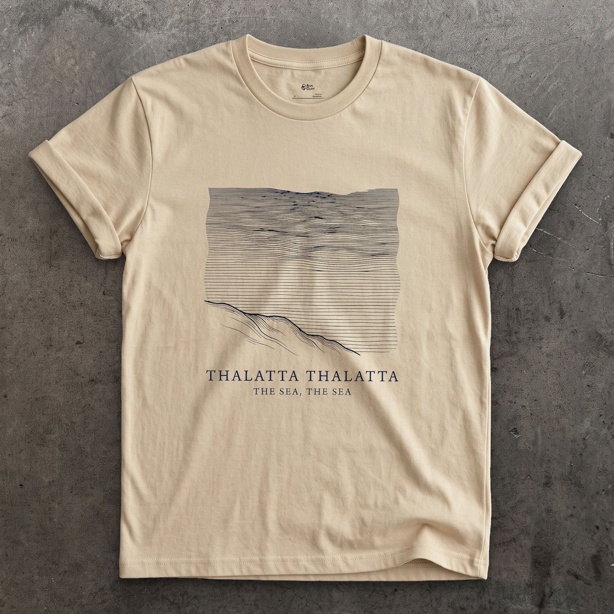 Thalatta Thalatta, the Sea the Sea design on a Sand Gildan Softstyle t-shirt