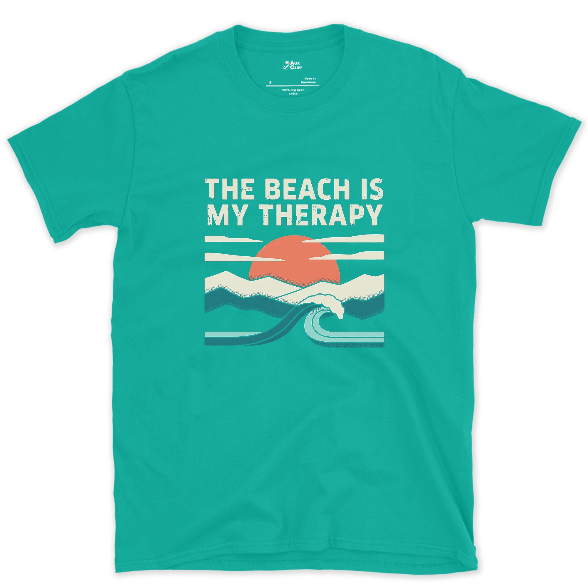 The Beach Is My Therapy design on a Jade Dome Gildan Softstyle t-shirt