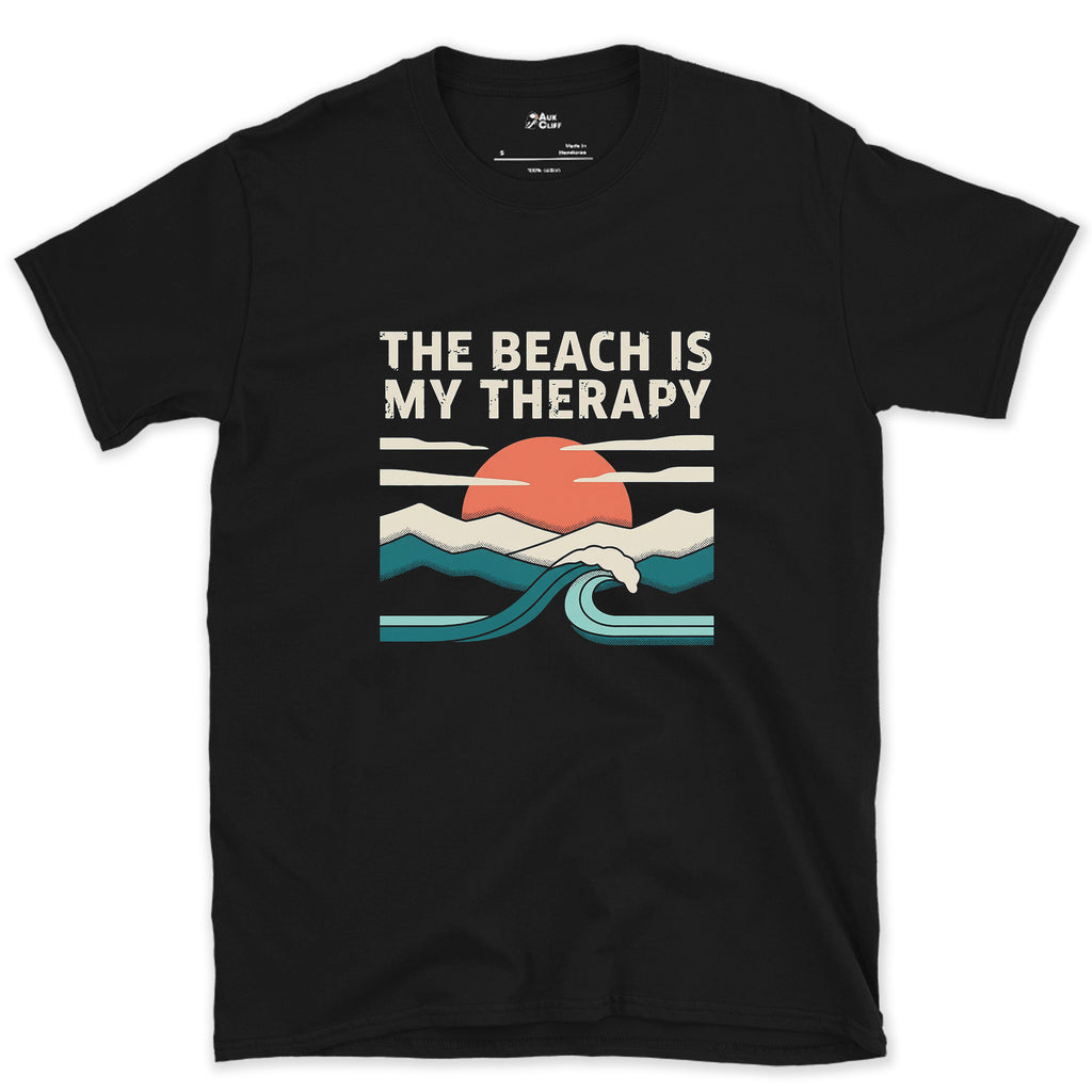 The Beach Is My Therapy design on a Black Gildan Softstyle t-shirt