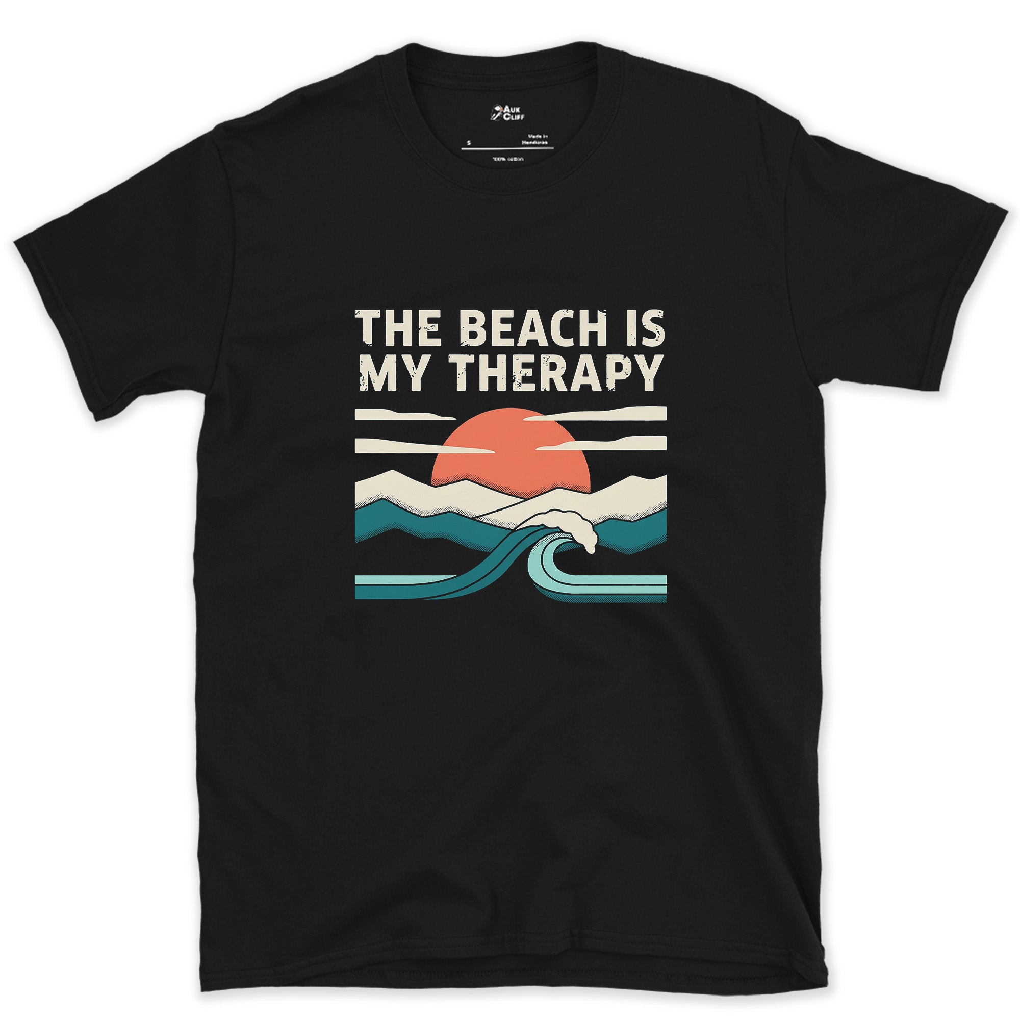 The Beach Is My Therapy design on a Black Gildan Softstyle t-shirt