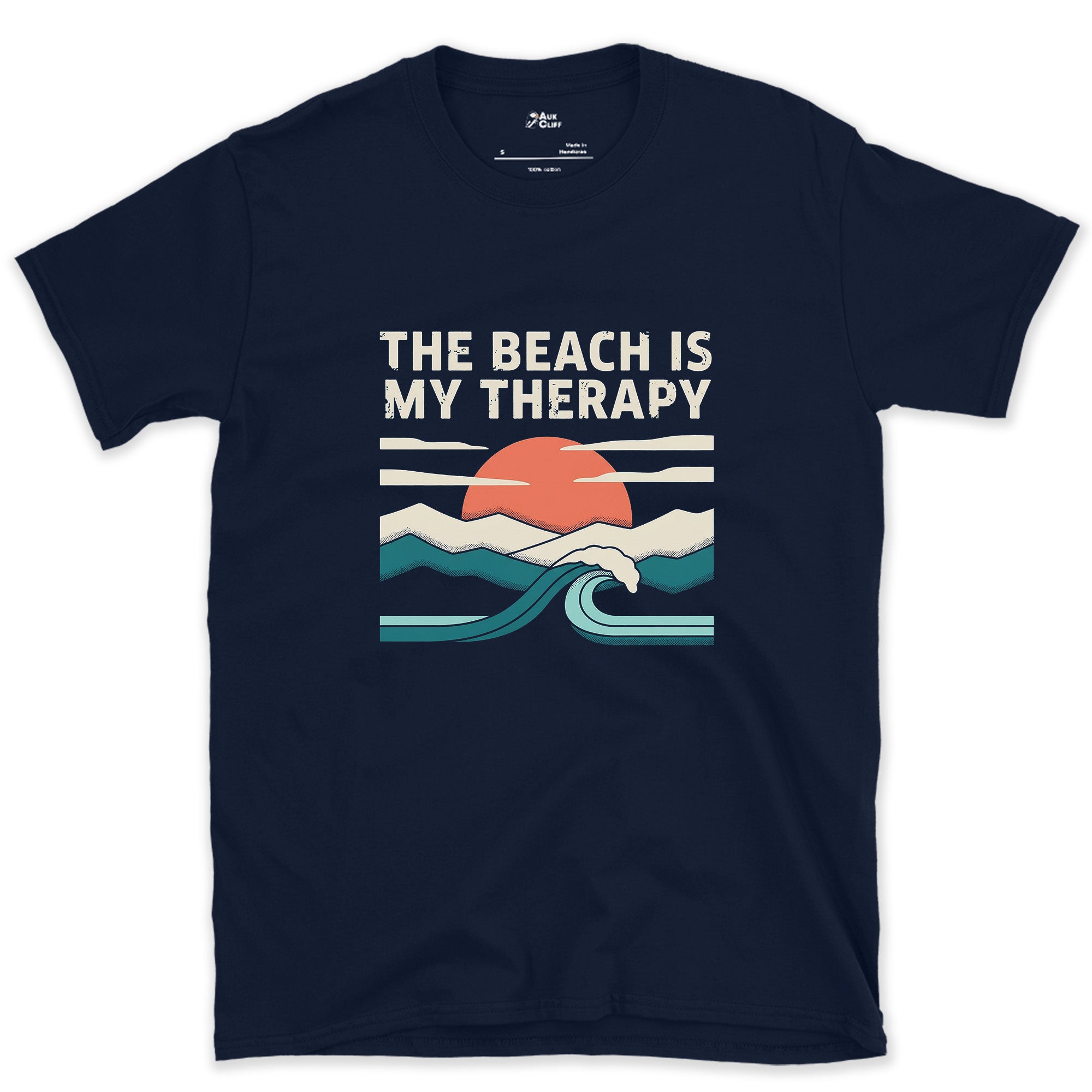 The Beach Is My Therapy design on a Navy Gildan Softstyle t-shirt