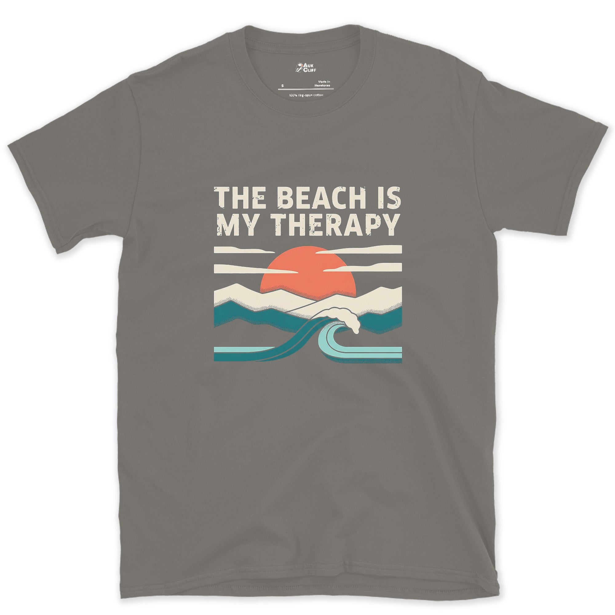 The Beach Is My Therapy design on a Charcoal Gildan Softstyle t-shirt