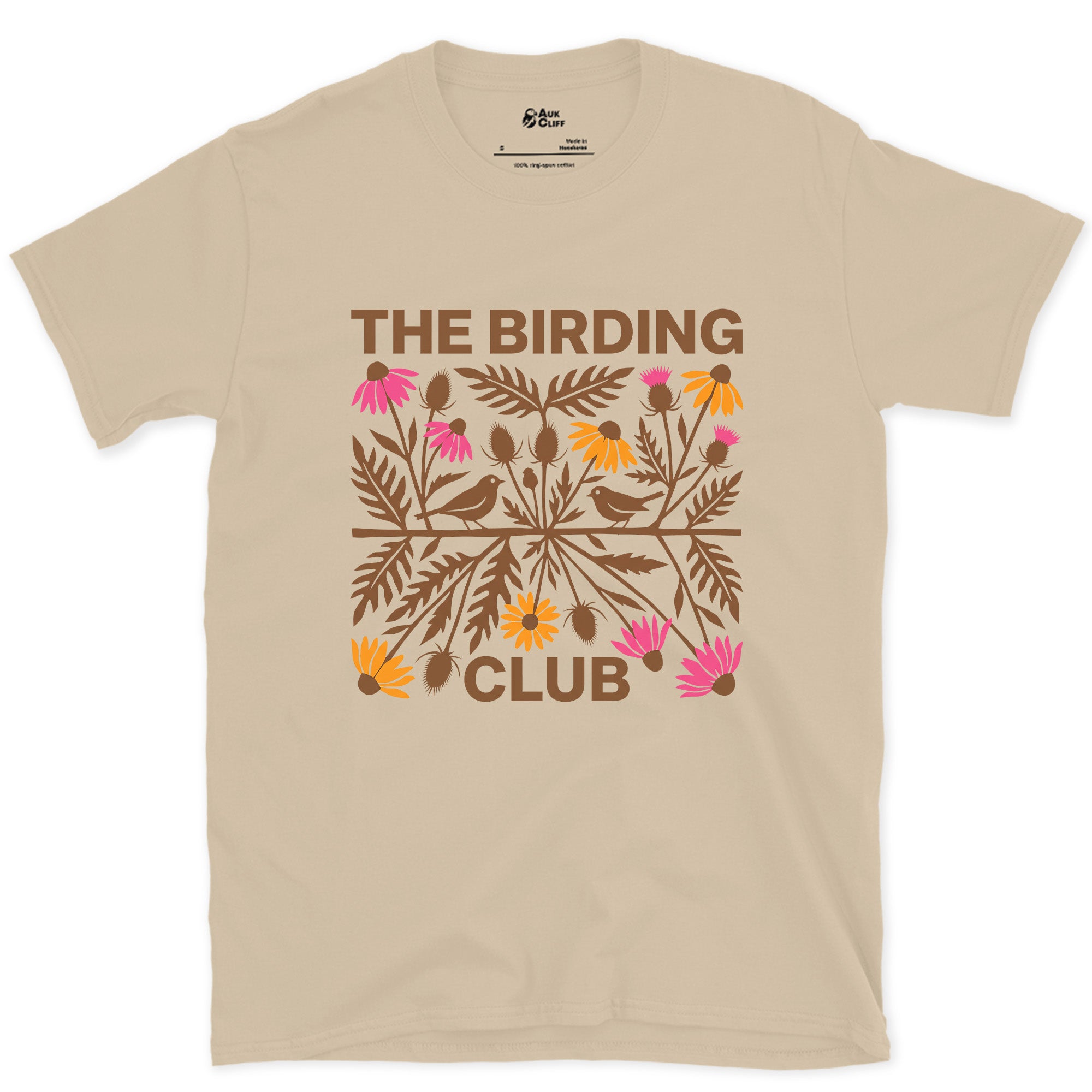 Birding Club Folk Florals in Orange and Pink design on a Sand Gildan Softstyle t-shirt